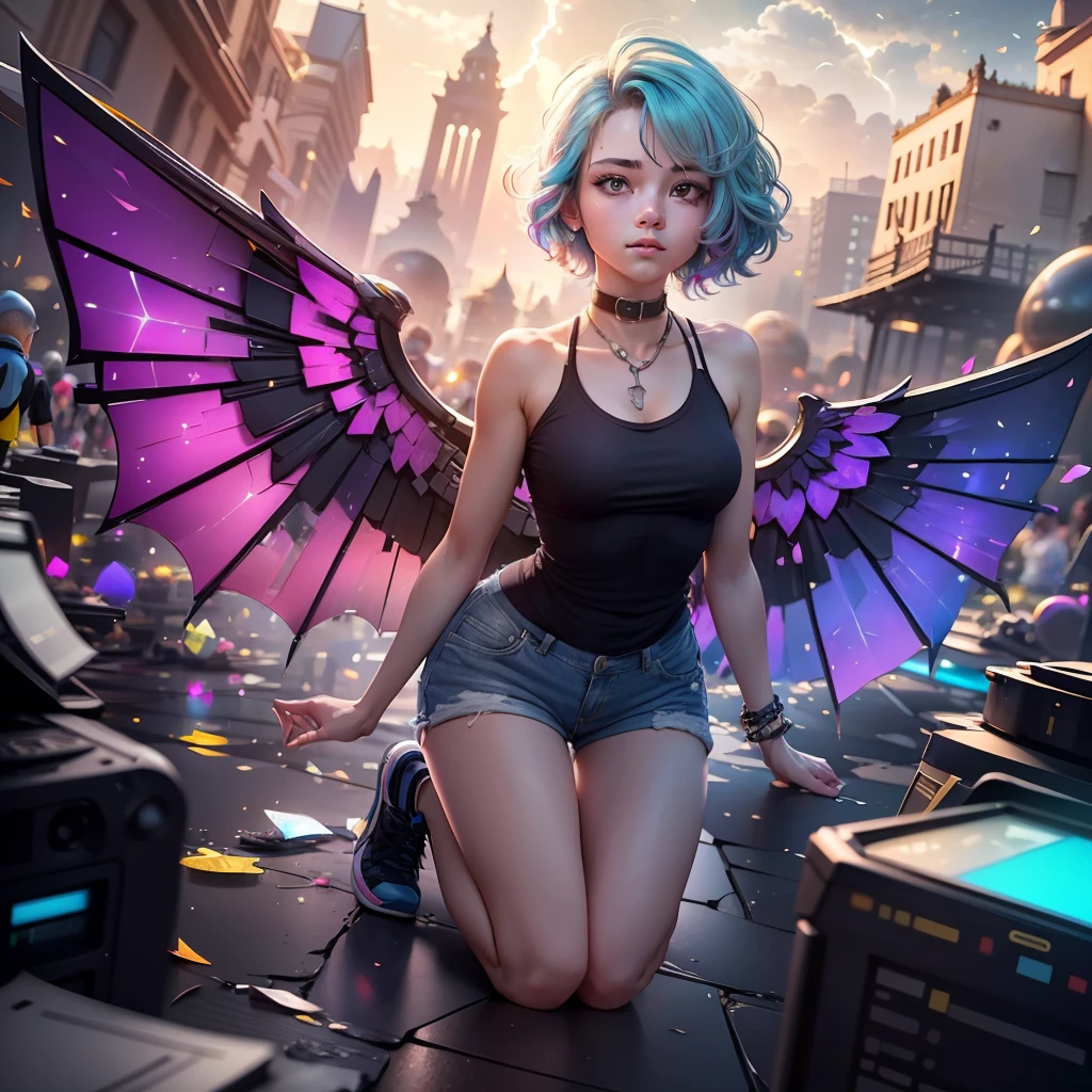 Masterpiece, {beauty},solo,1 girl, pink dress, fantastic hair, neon background white wings, cloud background, lake blue hair, ((medium breast, tomboy girls, small head)), daylight, sunlight, (chiseled abs : 1.1), (perfect body : 1.1), (short wavy hair : 1.2) , auburn hair, collar, chain, full body shot, crowded street, wearing black tanktop, jeans jacket, ((shorts)), (extremely detailed CG 8k wallpaper), (an extremely delicate and beautiful), (masterpiece), (best quality:1.0), (ultra highres:1.0), beautiful lighting ,perfect lightning, realistic shadows, [highres], detailed skin, ultra-detailed, transparent