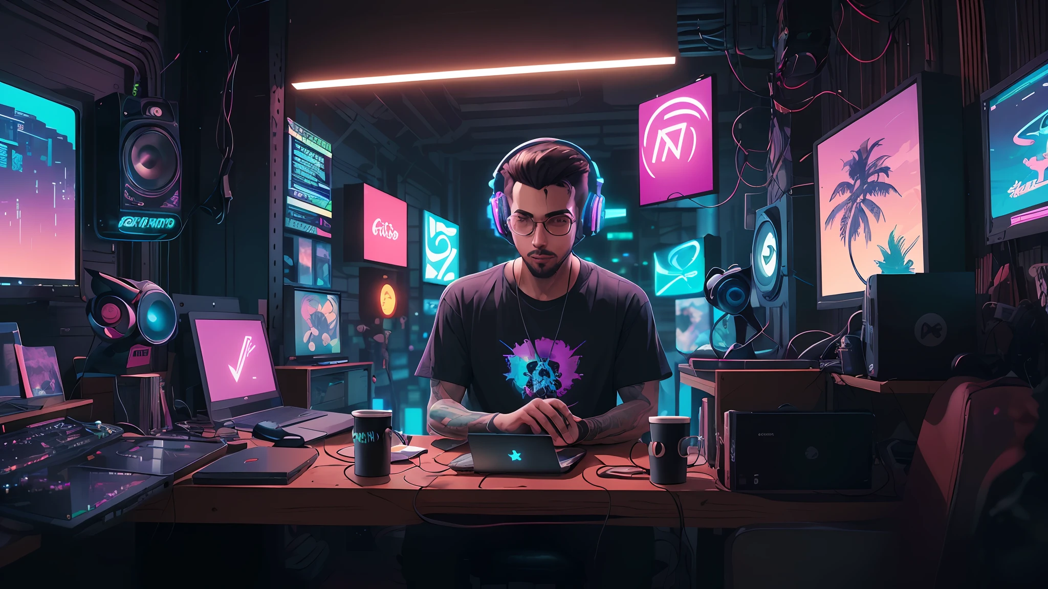 there is a man sitting at a desk with a laptop and headphones, chillhop, background artwork, lofi artstyle, cyberpunk vibes, hip hop vaporwave, synthwave art style ]!!, lofi portrait, [ synthwave art style ]!!, [ synthwave art style ]!! ]!!, cyberpunk vibe, ig studios anime style, nft portrait