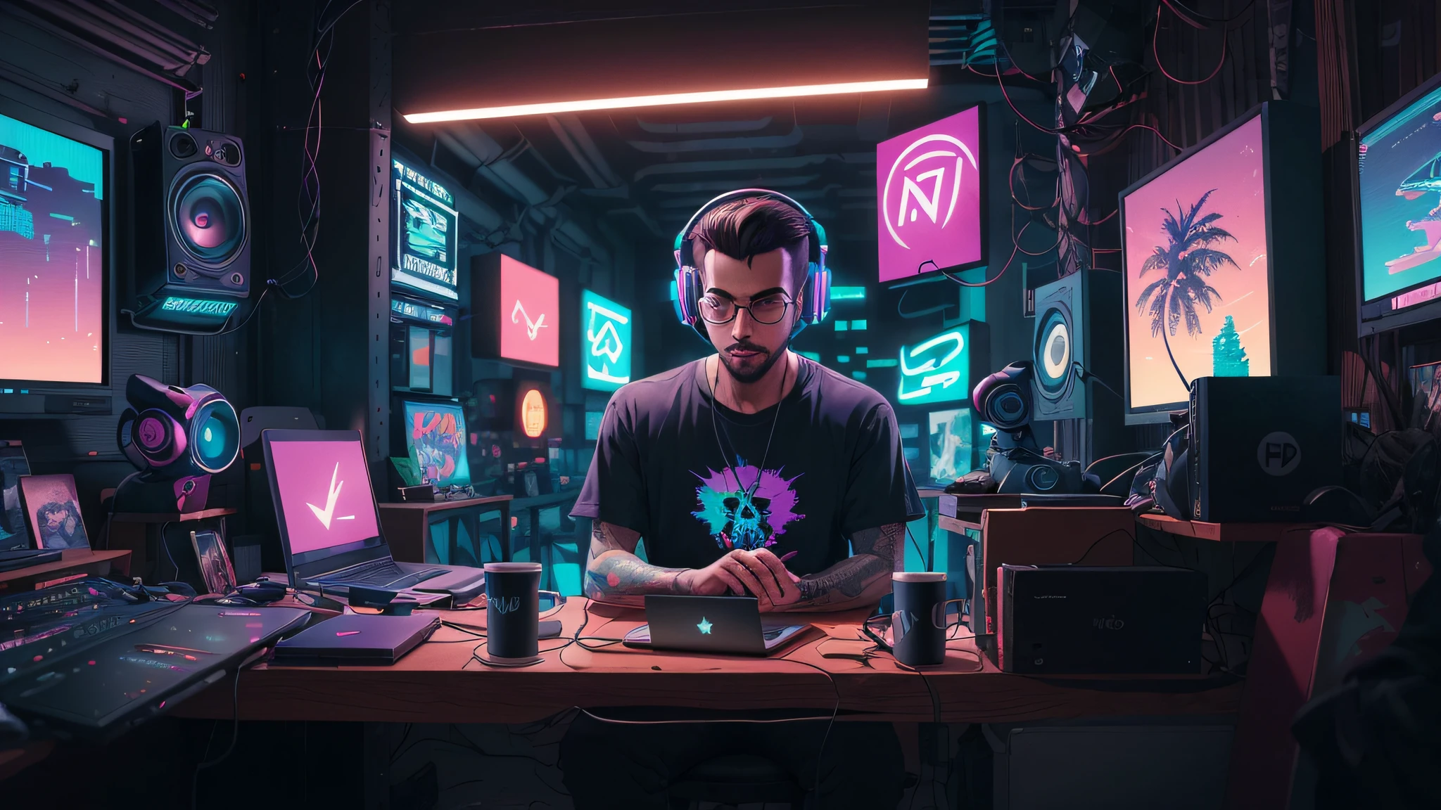 there is a man sitting at a desk with a laptop and headphones, chillhop, background artwork, lofi artstyle, cyberpunk vibes, hip hop vaporwave, synthwave art style ]!!, lofi portrait, [ synthwave art style ]!!, [ synthwave art style ]!! ]!!, cyberpunk vibe, ig studios anime style, nft portrait