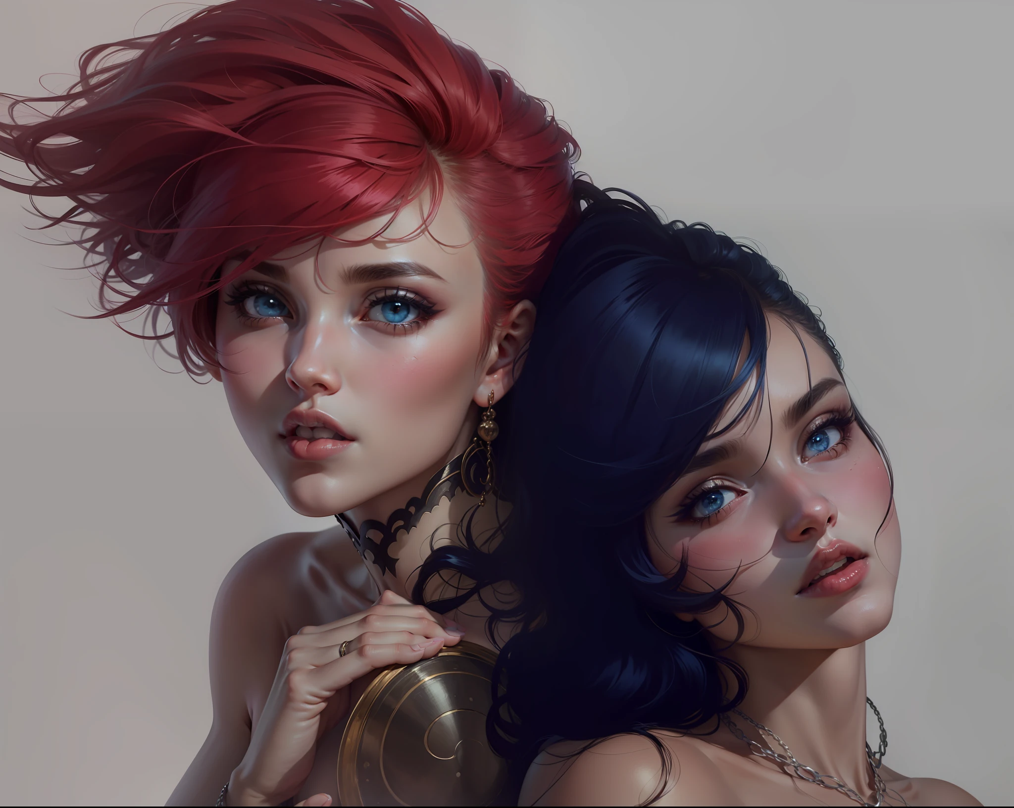 Duas garotas, uma de cabelo vermelho e a outra garota de cabelos azul