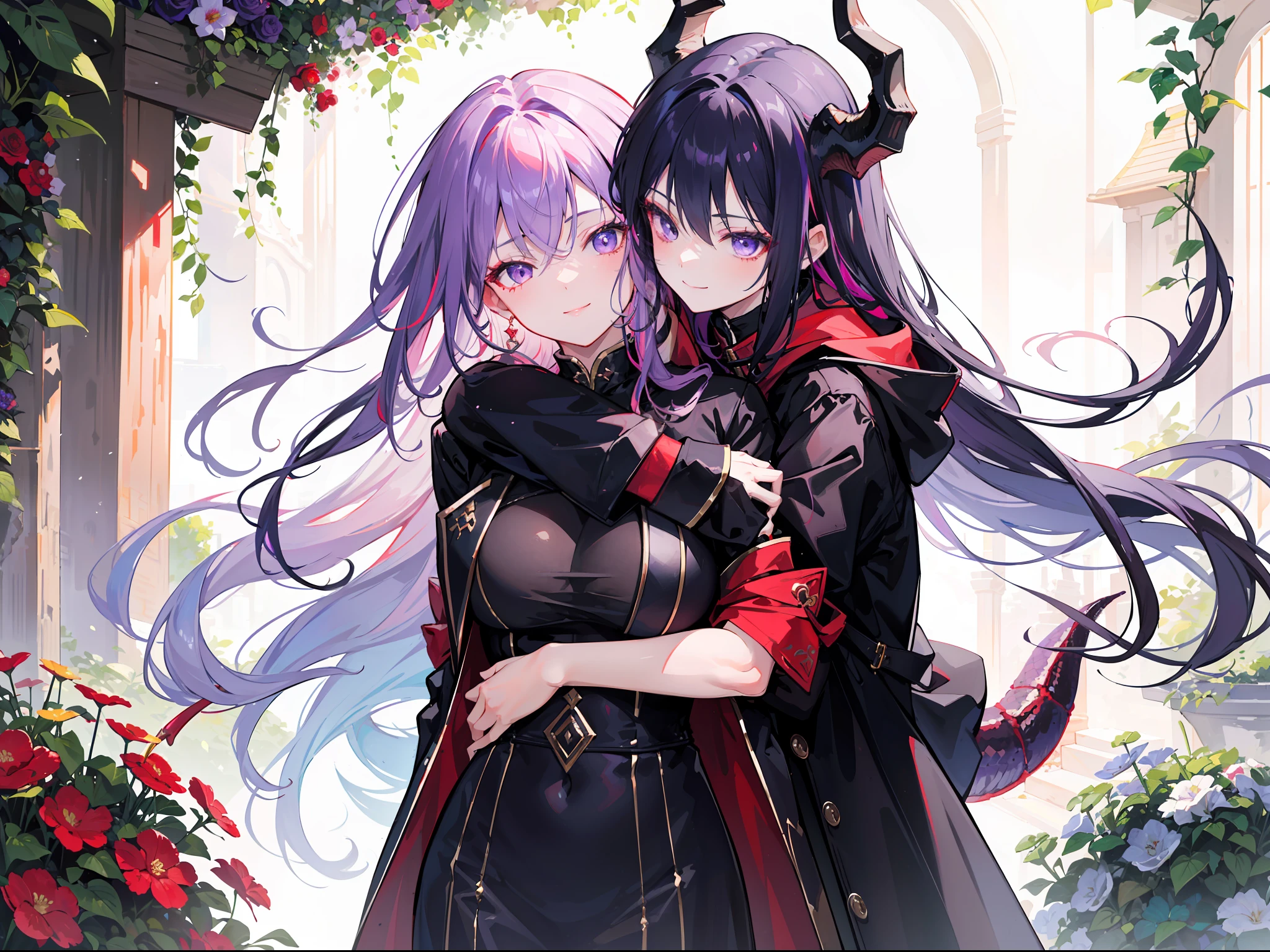 "Epic morning garden atmosphere, stunning 4k artwork featuring a confident adorable cute mature woman dragon-girl with tied up long vibrant purple hair and have dragon horn. Her captivating, glowing red that illuminate the scene. She wear black coat radiant light, she have cute smile, she have intimate hug on another girl"