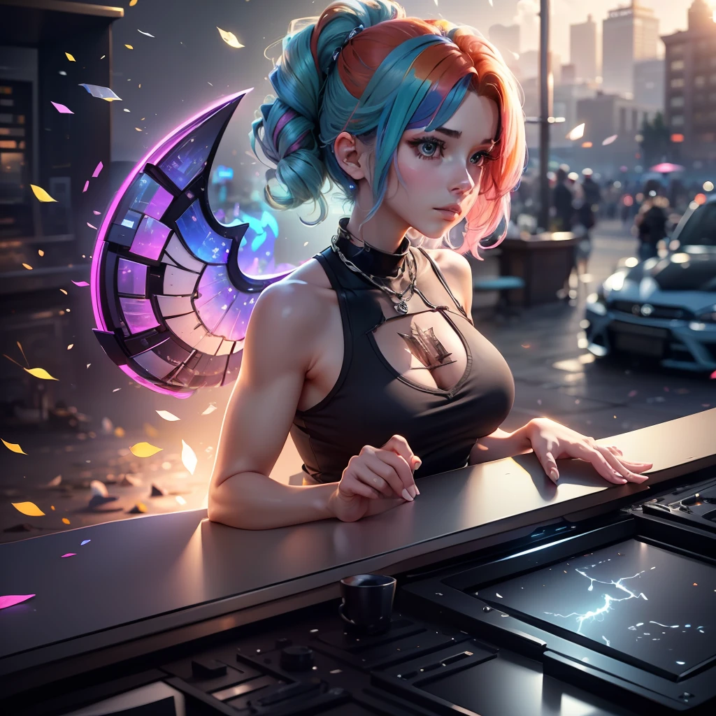 Masterpiece, {beauty}, solo,1 girl, pink dress, fantastic hair, neon background white wings, cloud background, lake blue hair, ((medium breast)), daylight, sunlight, (chiseled abs : 1.1), (perfect body : 1.1), (short wavy hair : 1.2) , auburn hair, collar, chain, full body shot, crowded street, wearing black tanktop, jeans jacket, ((shorts)), (extremely detailed CG 8k wallpaper), (an extremely delicate and beautiful), (masterpiece), (best quality:1.0), (ultra highres:1.0), beautiful lighting, perfect lightning, realistic shadows, [highres], detailed skin, ultra-detailed, transparent