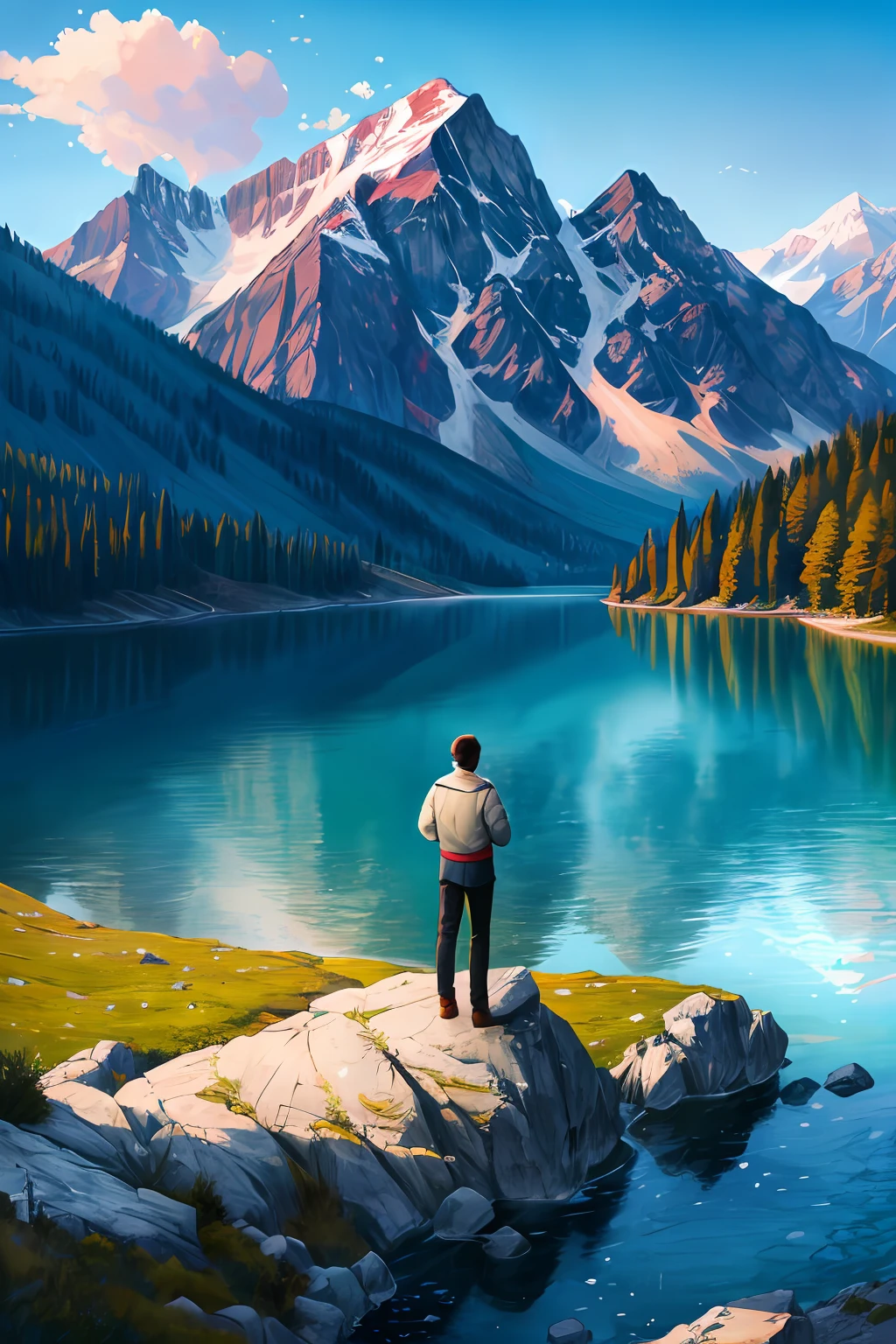 there is a man standing on a rock in the water, Enchev Fill, on a lake, with mountains in the background, on a boat on a lake, In the lake, raphael personnaz, against the backdrop of trees, near a lake, anton fadeev 8 k, anton fedeev, in mountains, vacation photo, lake in the background