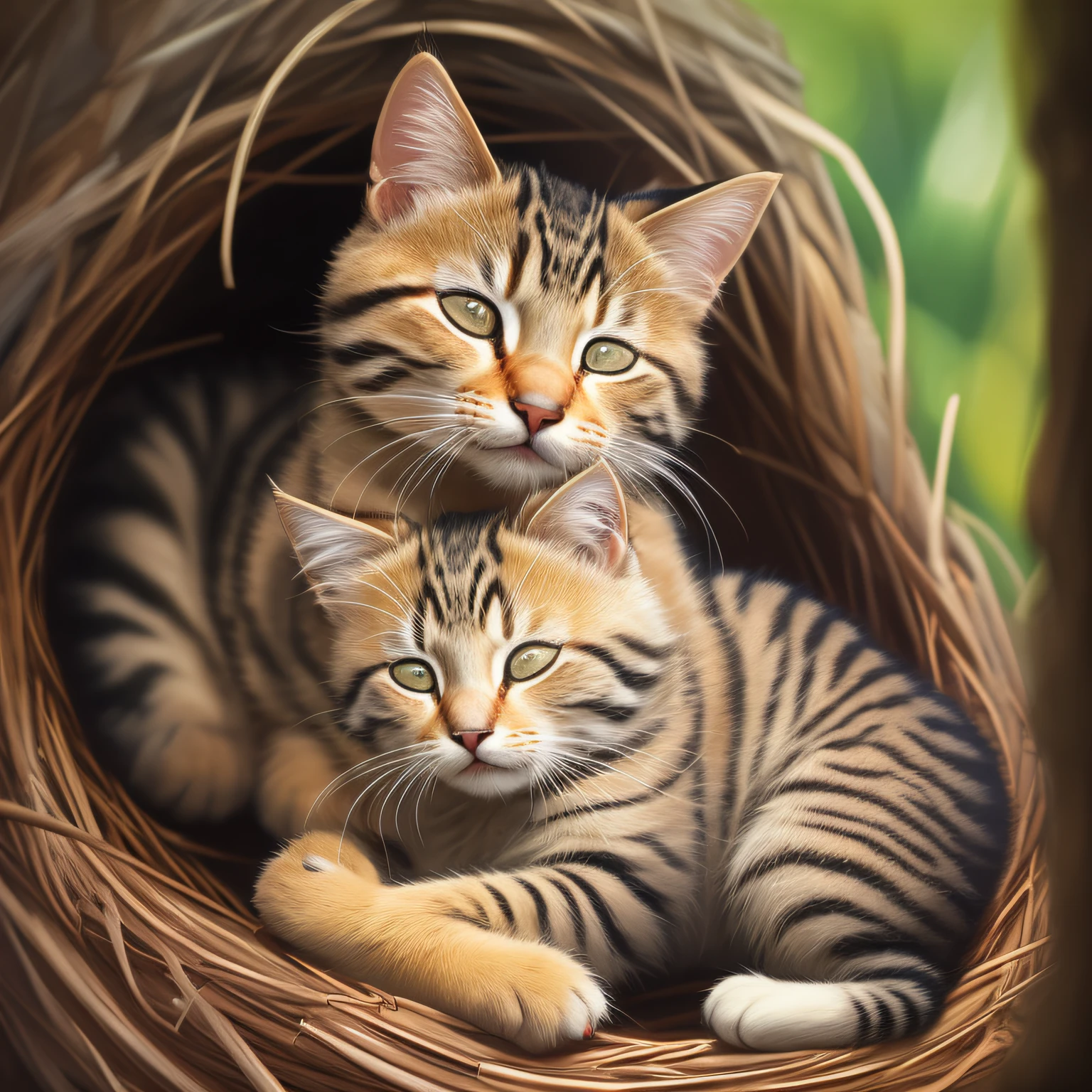 Gatinho siberiano cinza e branco, kitten sleeping in a bird's nest, summer in Japan, Failure to draw eyes is unacceptable, ultra hd 8k, retrato de arte conceitual por Greg Rutkowski, artgerm, hiperdetalhado, intrincadamente detalhado, Triadic-Colors, terrific, detalhe intrincado, tela inicial, cor complementar, 8k resolution, oilpainting, heavy strokes, soft ilumination, fotografia de filme, fotografia, grain of film, hiper-realismo,
