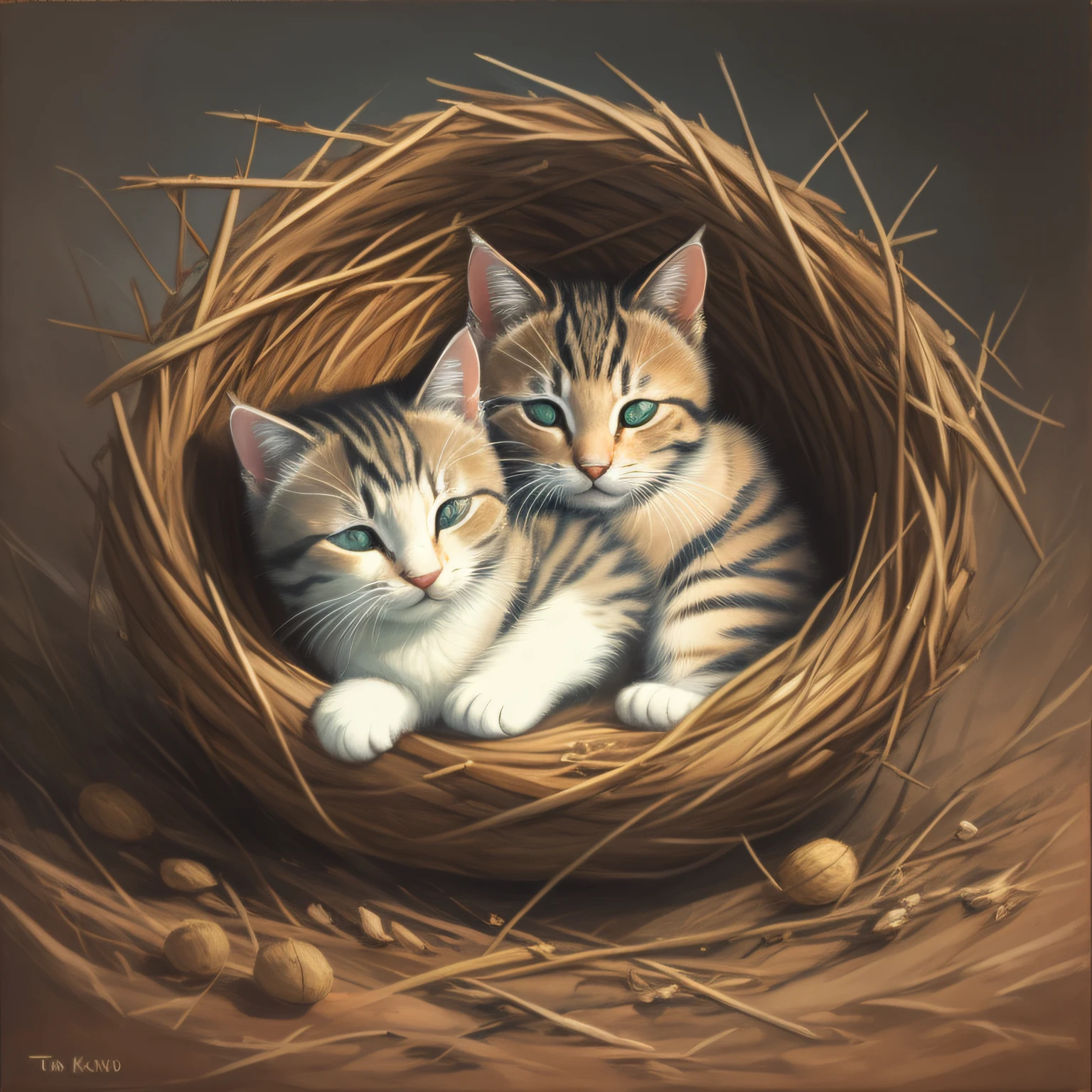 Gatinho siberiano cinza e branco, kitten sleeping in a bird's nest, summer in Japan, Failure to draw eyes is unacceptable, ultra hd 8k, retrato de arte conceitual por Greg Rutkowski, artgerm, hiperdetalhado, intrincadamente detalhado, Triadic-Colors, terrific, detalhe intrincado, tela inicial, cor complementar, 8k resolution, oilpainting, heavy strokes, soft ilumination, fotografia de filme, fotografia, grain of film, hiper-realismo,