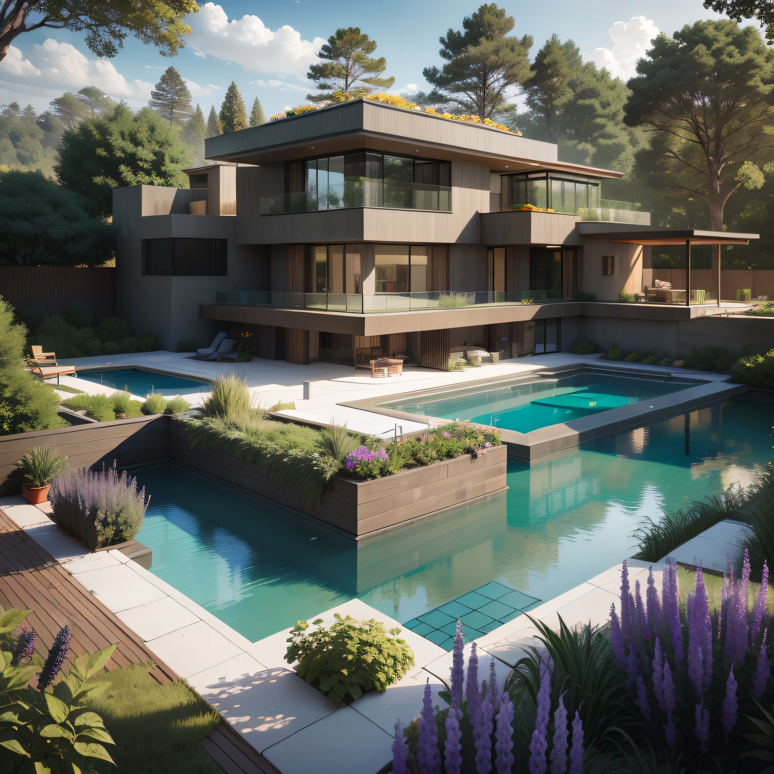 Organic modern architecture on a fairly large plot, from , there is a swimming pool in the middle of a large house of a flower, color of the house in chocolate brown and black beams, large modern residence, flat roofs and garden, render luxcore, render oktane, a photorealistic rendering, architectural rendering, mantra rendering, architectural rendering, realistic rendering, architectural visualization, wellness pool, Architectural visualization, large green zones, with small zones of lavender flowers, green shrubs type lush green garden, as well as small water mirrors, swimming pool embedded in an area of sand, olive and pine trees around the house, paddle court next to the house