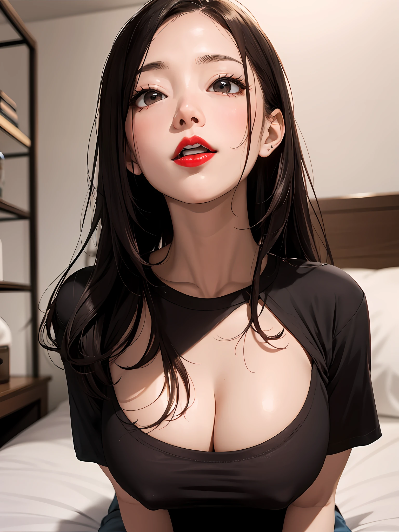 realisticlying、45-year-old girl、T-shirt wearing，Face enhancement，Chest super large zoom，Cleavage emphasis，Looking up from the bottom，Blushing，Red lips，A sexy，Bed sit，Open your mouth wide