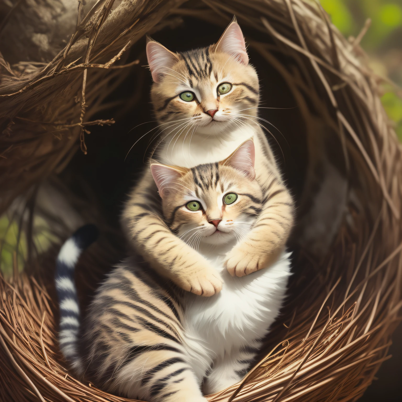 Gatinho siberiano cinza e branco, kitten sleeping in a bird's nest, summer in Japan, Failure to draw eyes is unacceptable, ultra hd 8k, retrato de arte conceitual por Greg Rutkowski, artgerm, hiperdetalhado, intrincadamente detalhado, Triadic-Colors, terrific, detalhe intrincado, tela inicial, cor complementar, 8k resolution, oilpainting, heavy strokes, soft ilumination, fotografia de filme, fotografia, grain of film,  hiper-realismo,