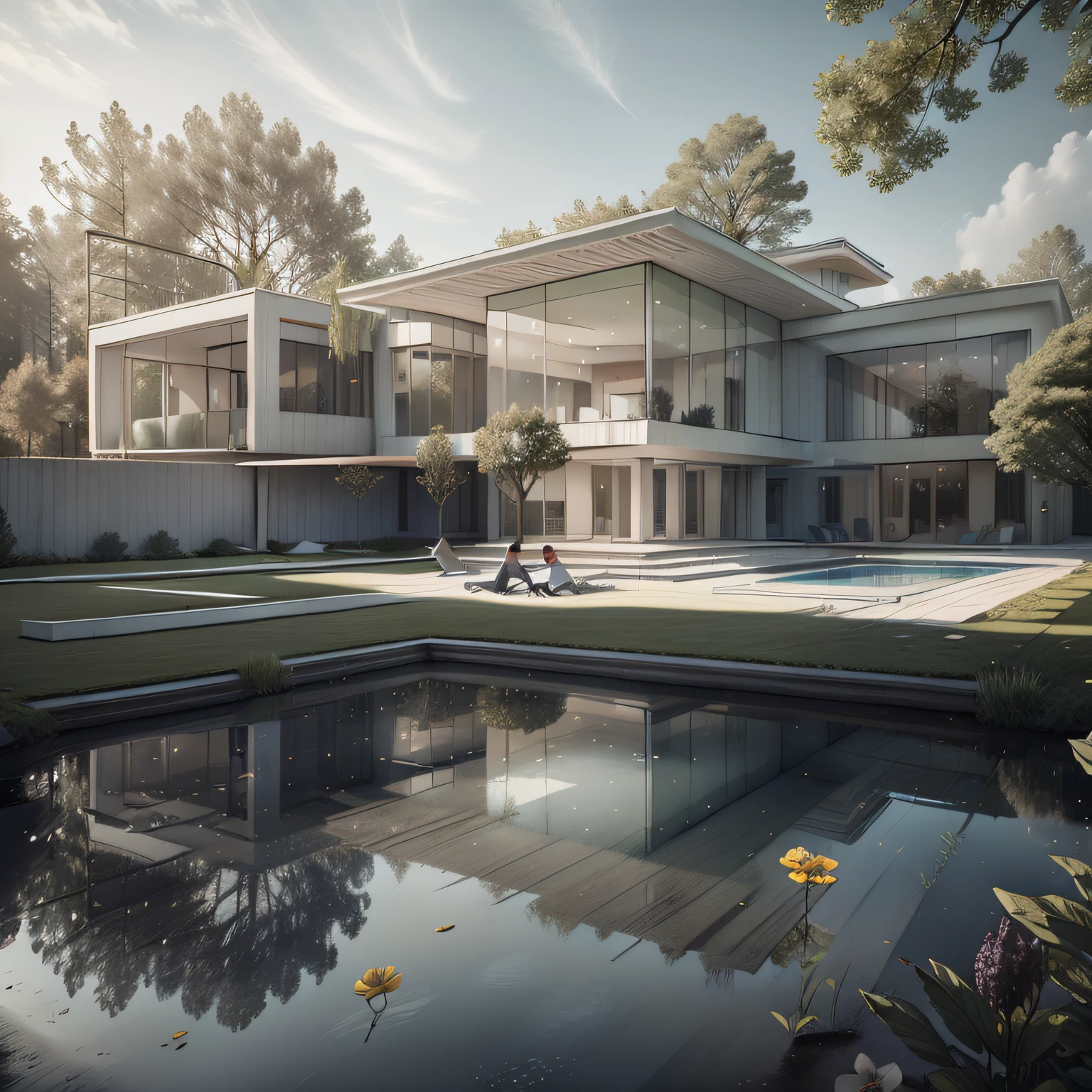 Organic modern architecture on a fairly large plot, from , there is a swimming pool in the middle of a large house of a flower, color of the house in chocolate brown and black beams, large modern residence, flat roofs and garden, render luxcore, render oktane, a photorealistic rendering, architectural rendering, mantra rendering, architectural rendering, realistic rendering, architectural visualization, wellness pool, Architectural visualization, large green zones, with small zones of lavender flowers, green shrubs type lush green garden, as well as small water mirrors, swimming pool embedded in an area of sand, olive and pine trees around the house, paddle court next to the house