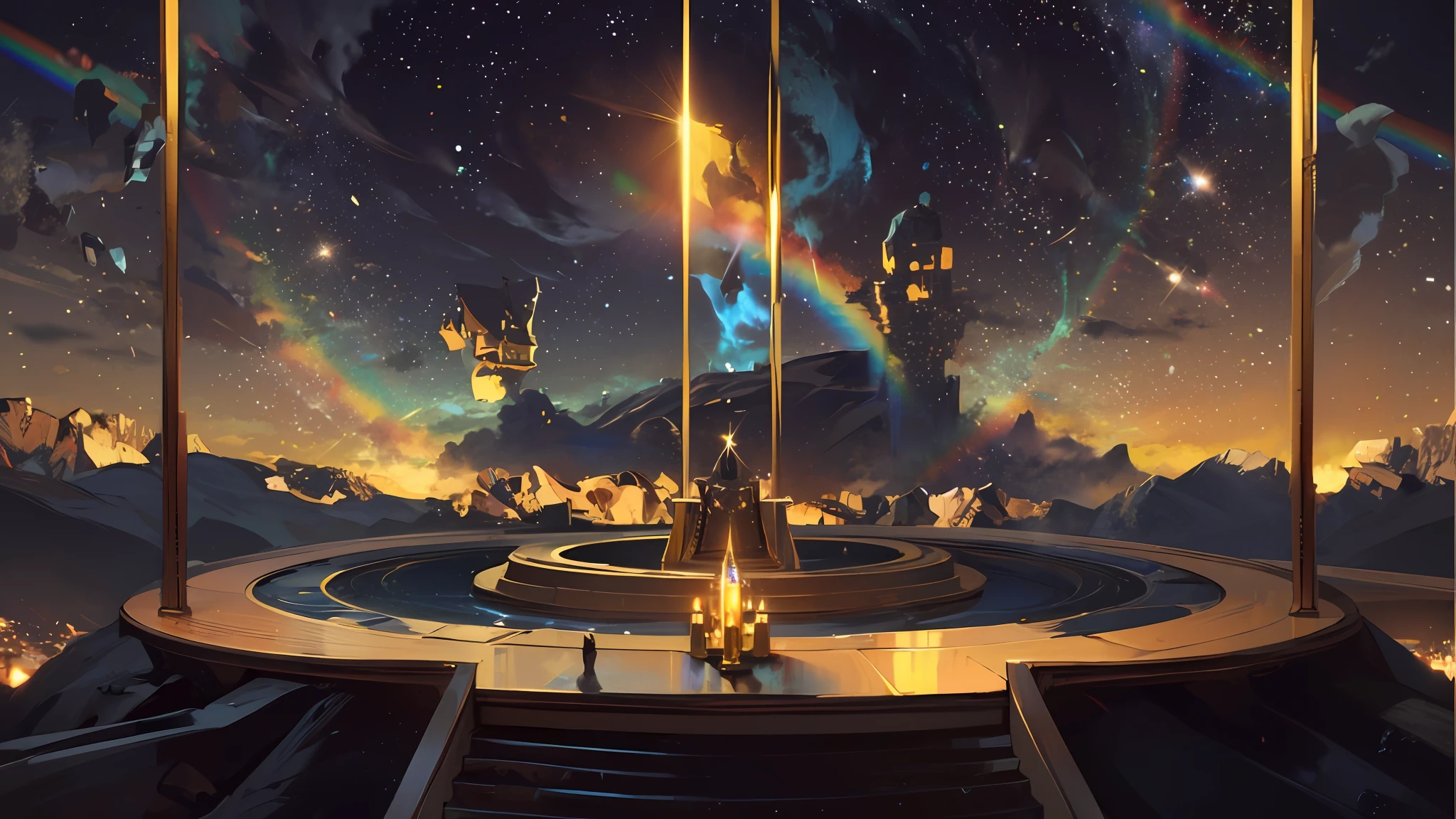 God wearing a long garment with sapphire stones attached to his chest and a heavenly crown sitting on his golden throne with a rainbow around it