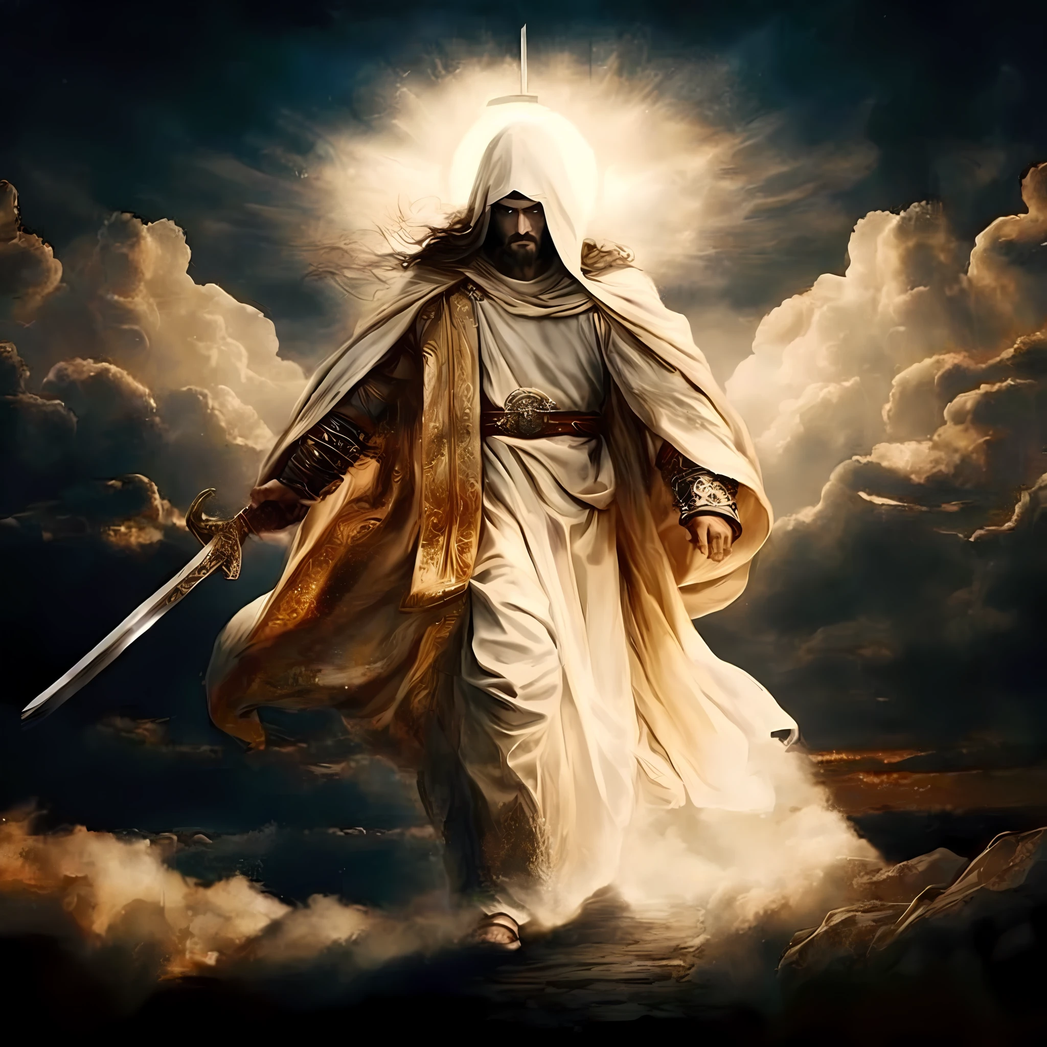 a close up of a person holding a sword in the sky, Deus da morte, Deus masculino bonito da morte, O Deus Imperador da Humanidade, epic biblical representation, a christian jedi, photo of ghost of anubis, Deus dos Mortos, jesus christ fighting lucifer, templar, deus da morte, O Deus Hades, Deus poderoso, wearing flowing robes