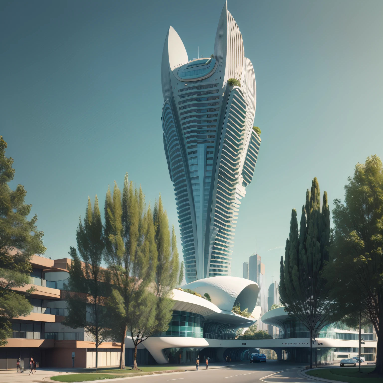Futuristic architecture, arquitectura premiada, skyscraper architectureCity, photographic style, fotorrealismo, Alameda de plane trees, Highly detailed dream building in the architectural styles of Oscar Niemeyer and Ernst Haeckel :: arquiteturacore :: High contrast wide avenue in front full of trees, plane trees