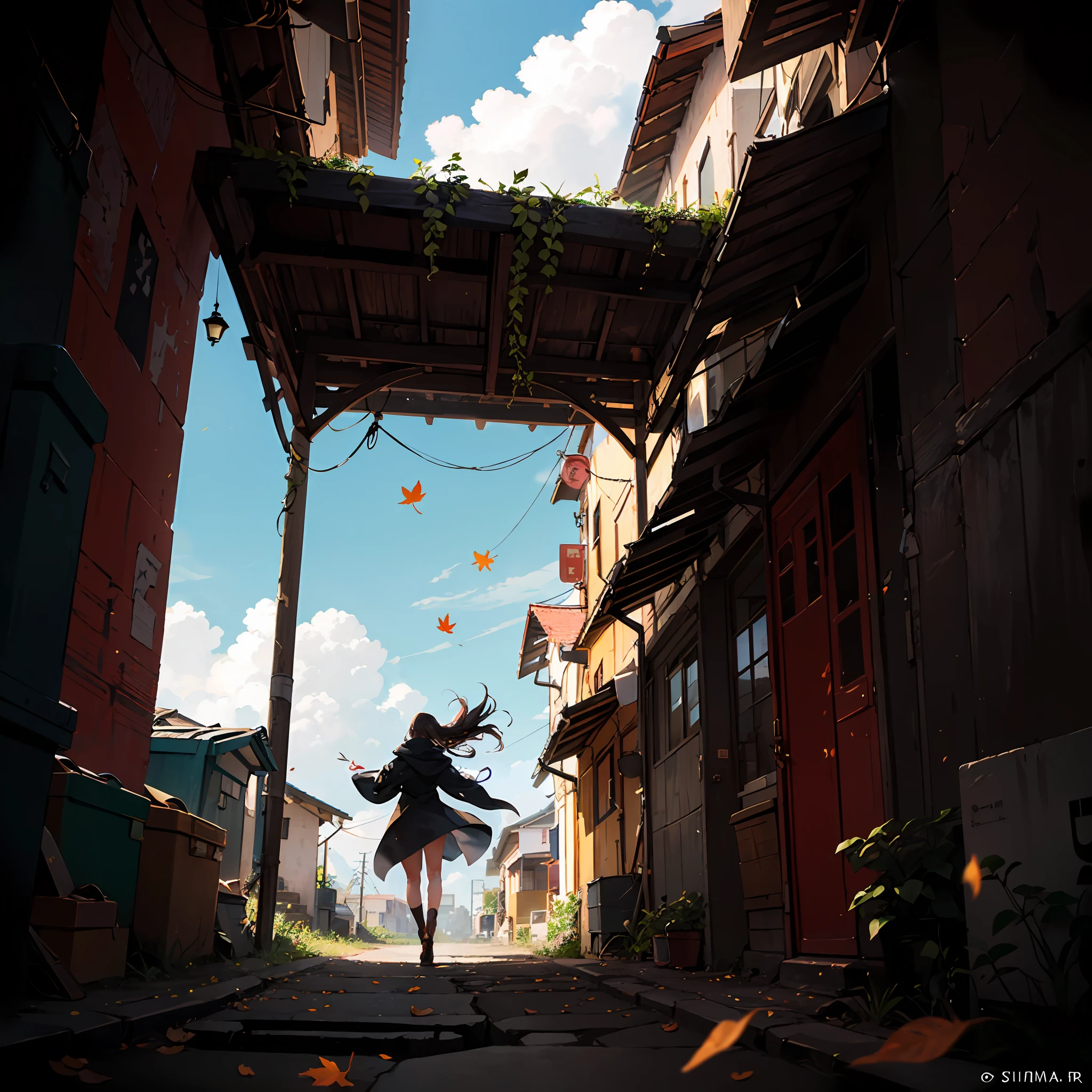 Expansive landscape photograph (seen from below, on which you can see the sun, The sky above , The wind blows the leaves and the open street, alleyway, slums), A girl, Running down the alley and looking up 1girl, dinamic angle, The Cloud and the Mountain, (flower field: 1.4) In the foreground,Girl in a gray cloak, A lot of leaves, Light tracing, (Floating colorful wind: 1) (photo-realistic: 1.4), offcial art, Unity 8k wallpaper, Ultra-detailed, Beautiful and aesthetically pleasing, a masterpiece of, beste-Qualit, --auto