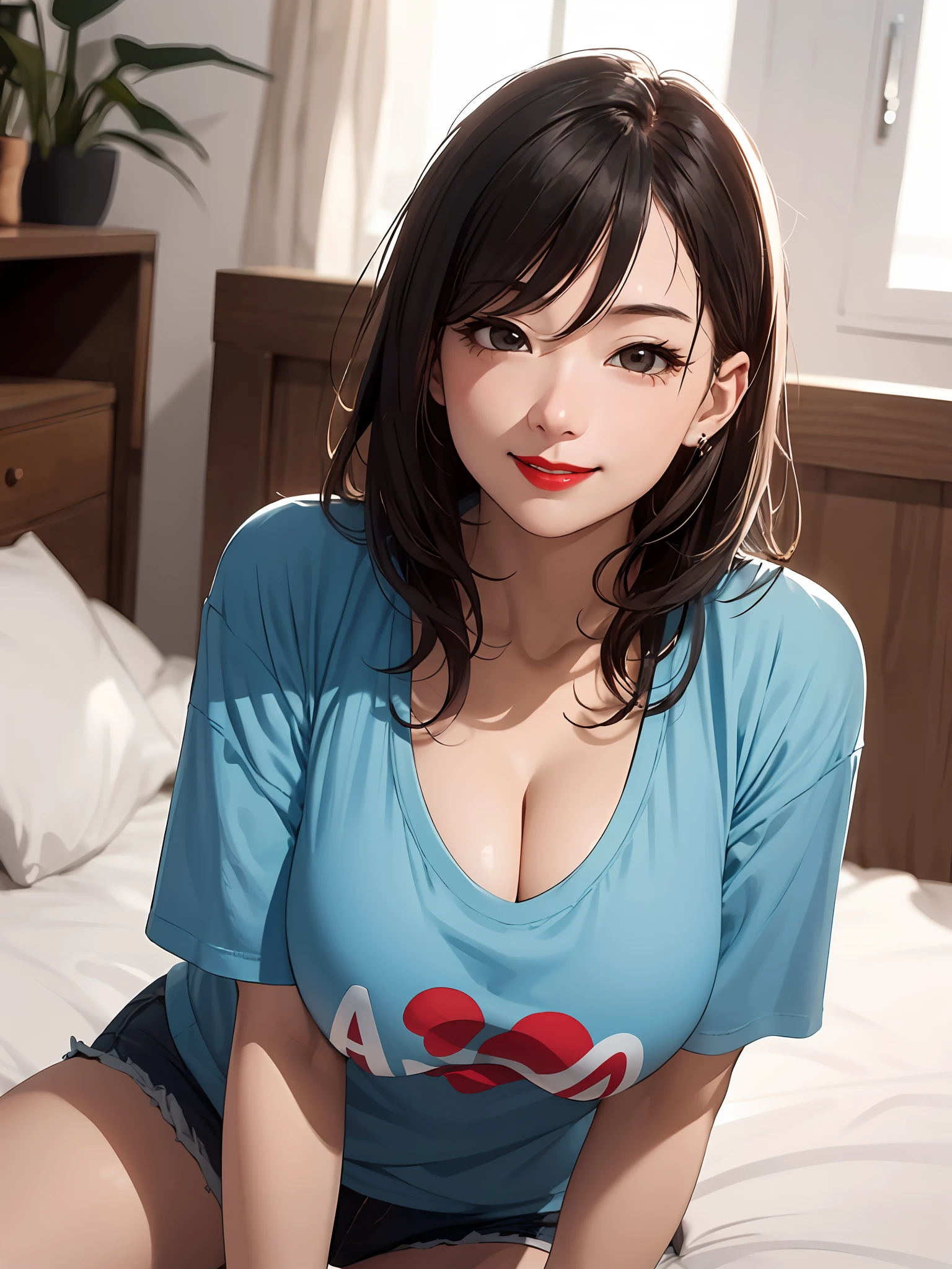 realisticlying、45-year-old girl、T-shirt wearing，Face enhancement，Chest super large zoom，Cleavage emphasis，Looking up from the bottom，Smile，Blushing，Red lips，A sexy，Bed sit