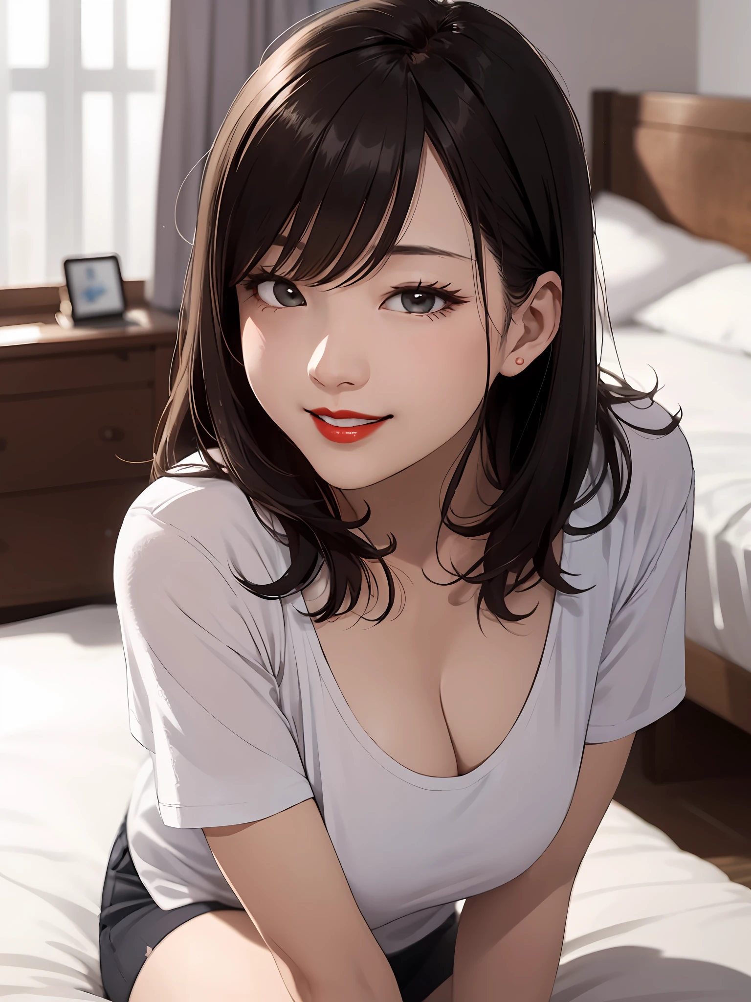realisticlying、45-year-old girl、T-shirt wearing，Face enhancement，Chest super large zoom，Cleavage emphasis，Looking up from the bottom，Smile，Blushing，Red lips，A sexy，Bed sit