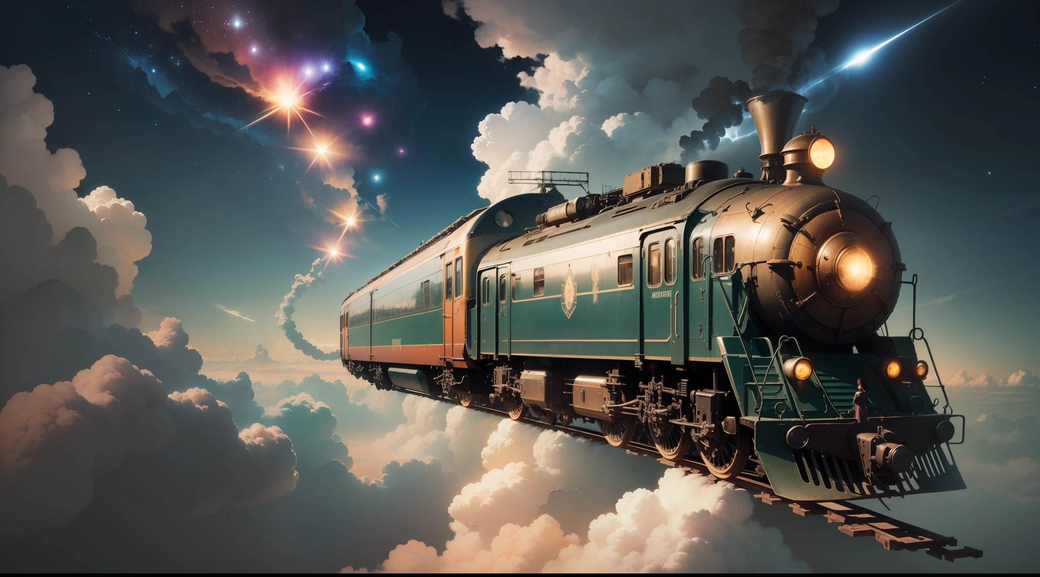 (train flying, misteryous, steampunk style, surrealism, masterpiece),magicle, crisp,,stars, cosmos, high details, artistic, contrast,shadows, gorgeous, old, cinematic, high details, BREAK clouds,train, velocity, planet on sky, symetric, gorgeous,, perfect, depth, windy, happy, freedom, magicle, impossible, traced lights, wallpaper