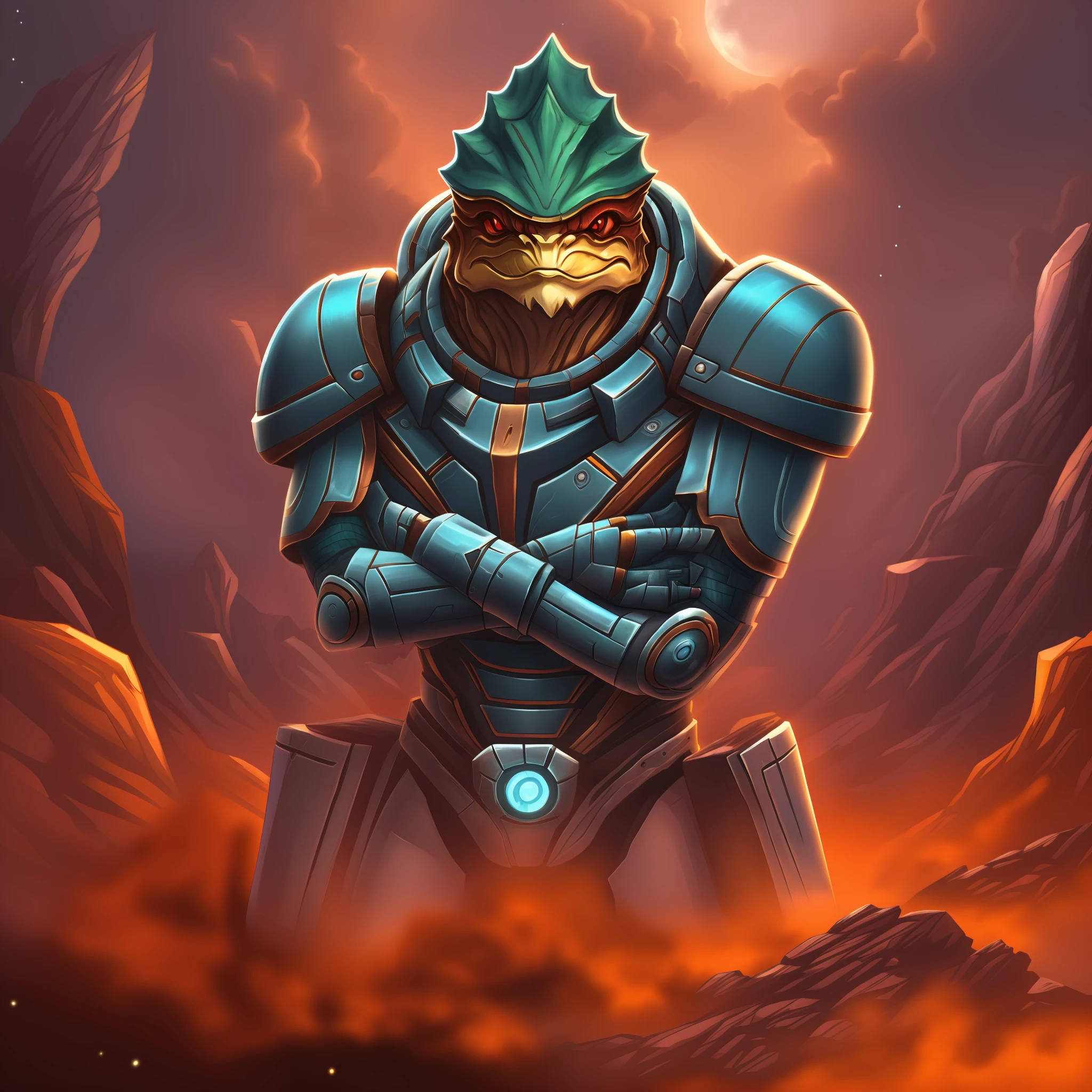 4k, high details, detailed face, krogan, mercenary, warrior, dark green heavy armor, space suit, crossed arms, cartoon style, bordelands style, arcane style