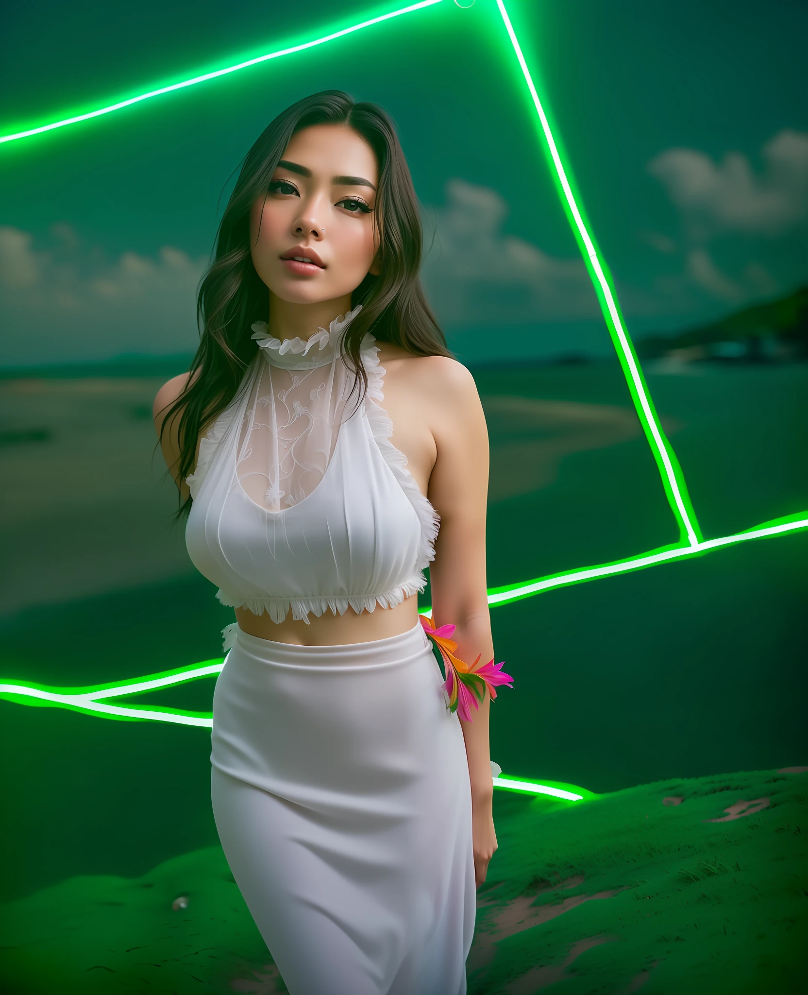(sharp focus:1.2), photo, jessicagomes (beautiful face:1.1), detailed eyes, luscious lips, (cat eye makeup:0.85), wearing (hula skirt:1.2) on a (beach:1.2). (moody lighting:1.2), depth of field, bokeh, 4K, HDR. by (James C. Christensen:1.2|Jeremy Lipking:1.1), topless, breast, sexy