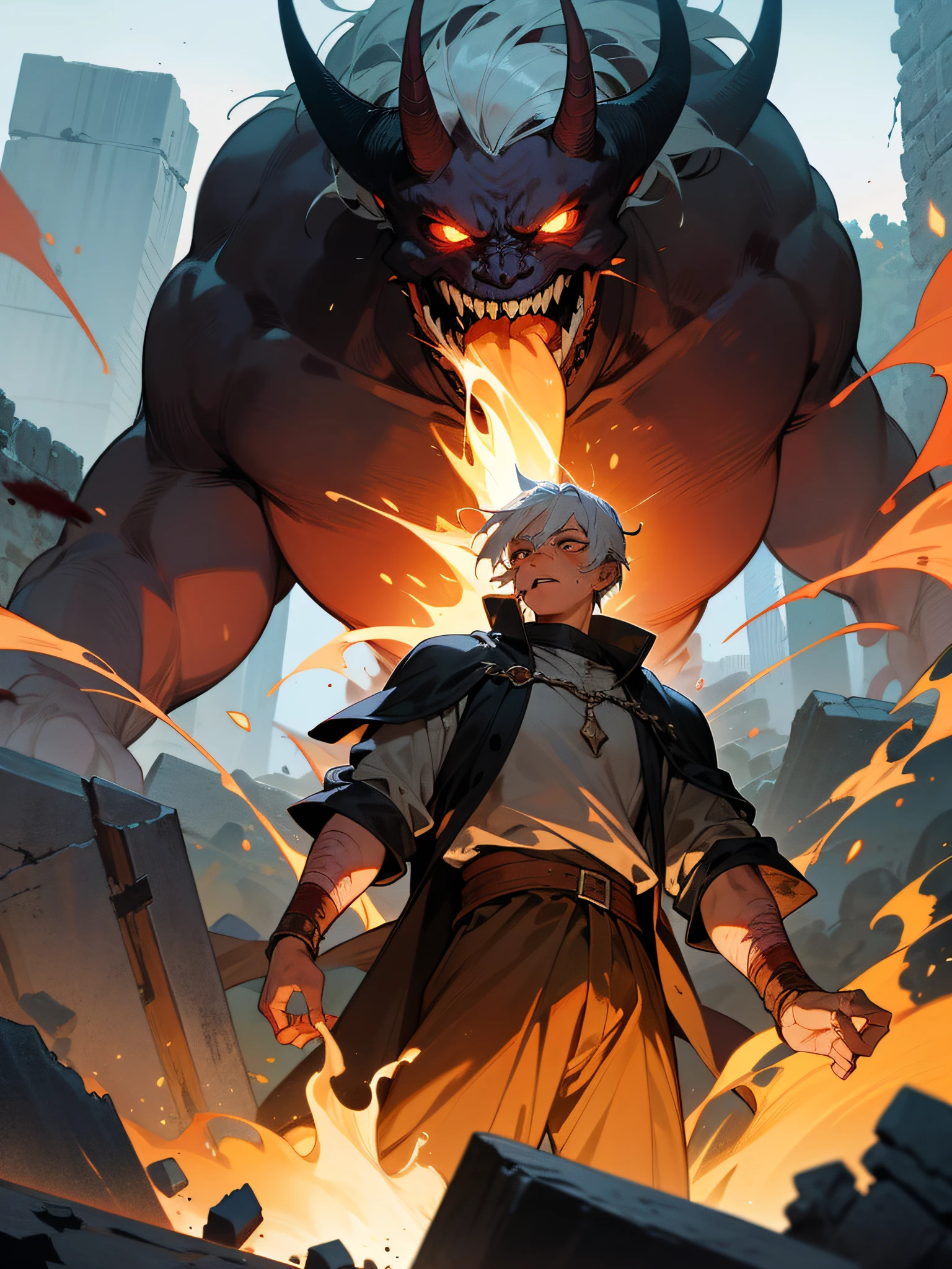 In the ruins of a medieval village, an epic scene where a young white-haired boy is bruised and bleeding, he uses a fire magic to face a colossal demon monster with dark skin, huge horns and with remains of bodies and blood gushing from its mouth