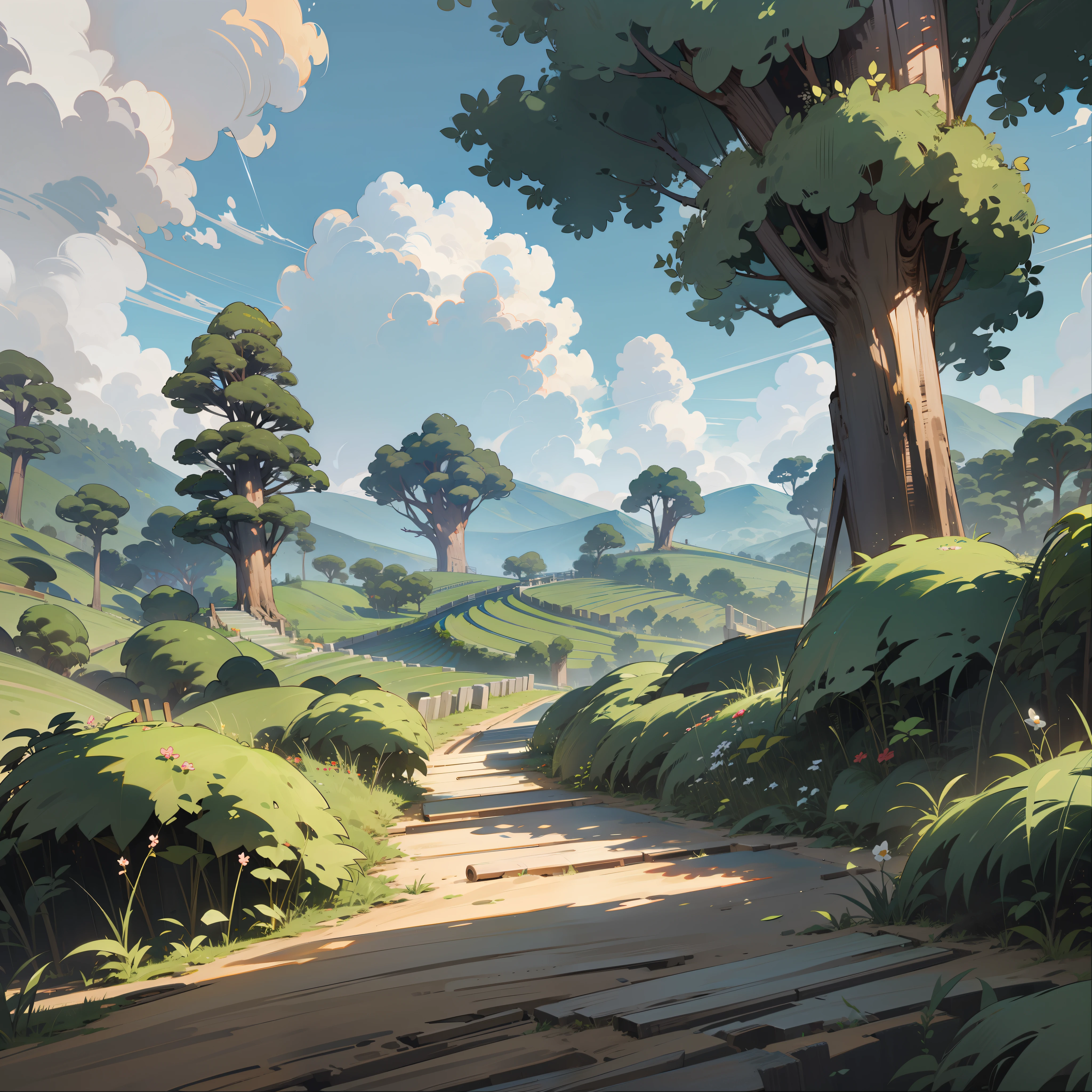 Forest, Terraces, Clouds, Wide Angle, Pioneer, Dirt Road, Traveling Merchant, Back, Go Forward, Wooden Cane, Ray Tracing, Comics, 3D Rendering, Cartoon, Cute Style, Sunny, Outdoor, Detailed, 4K, HD, High Quality