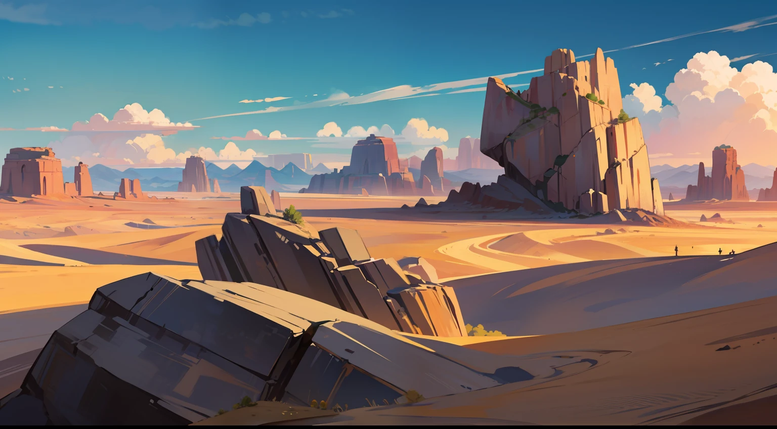 escena del desierto, Roca polvorienta en el fondo, Nubes de anime, Paisaje Bizzare, escenario Dragon Ball, Rock Mountains, rocas altas, Rocky Mountains, Large mountain in the center of the image,