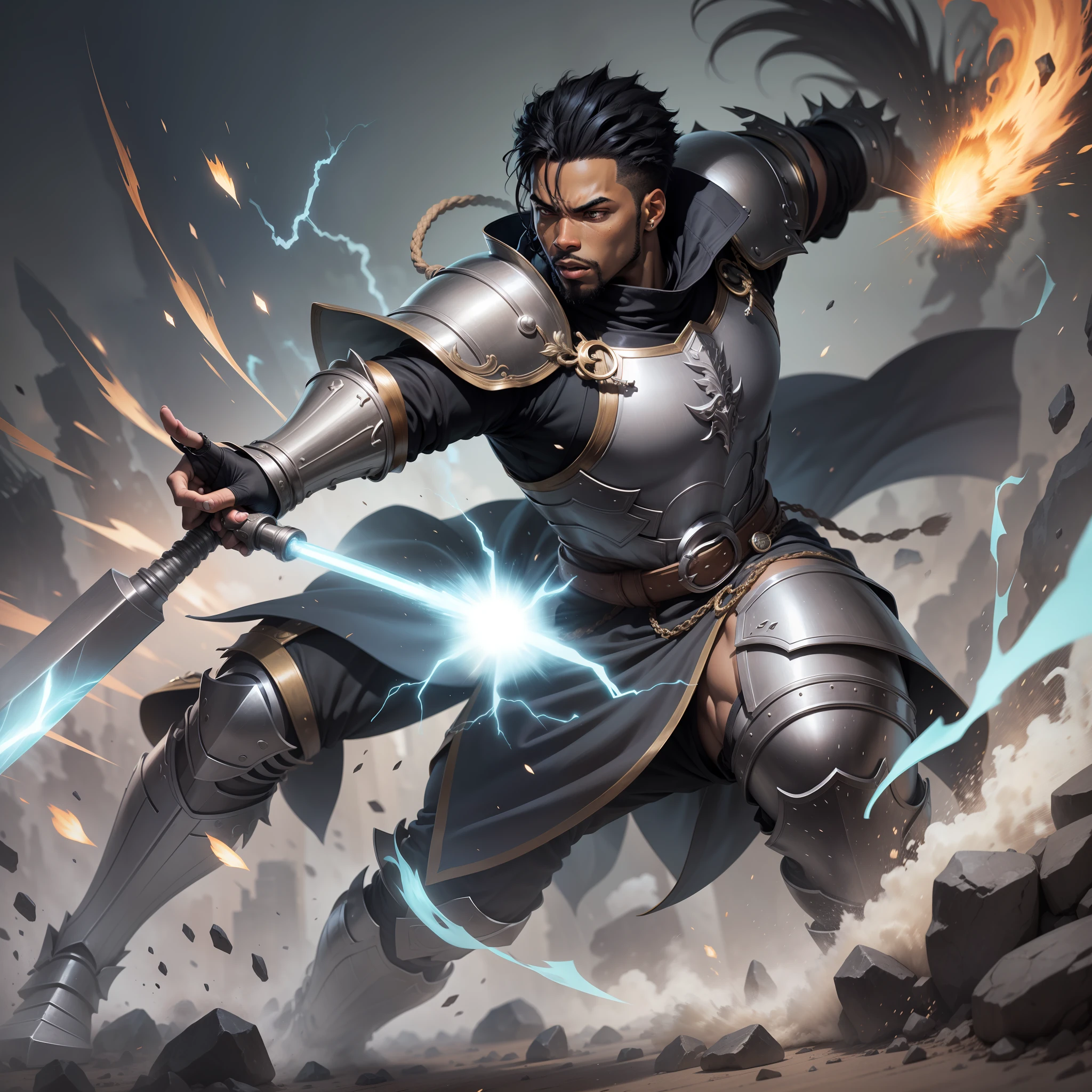 realistic image in manga style artwork of a black man, tall and strong, very short black hair, dressed in black cleric attire and shoulder pads, rpg warrior, firing an energy attack in an action scene