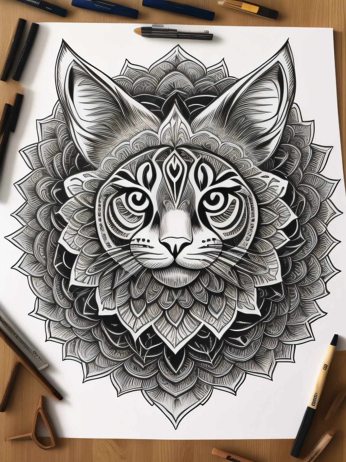 Desenho de Desenhos para colorir para adultos, linhas em negrito, linhas escuras, mandala dog body, Mandala cara de gato, Mandala Face, symmetric, fundo branco, Arte de linha limpa, arte de linha fina