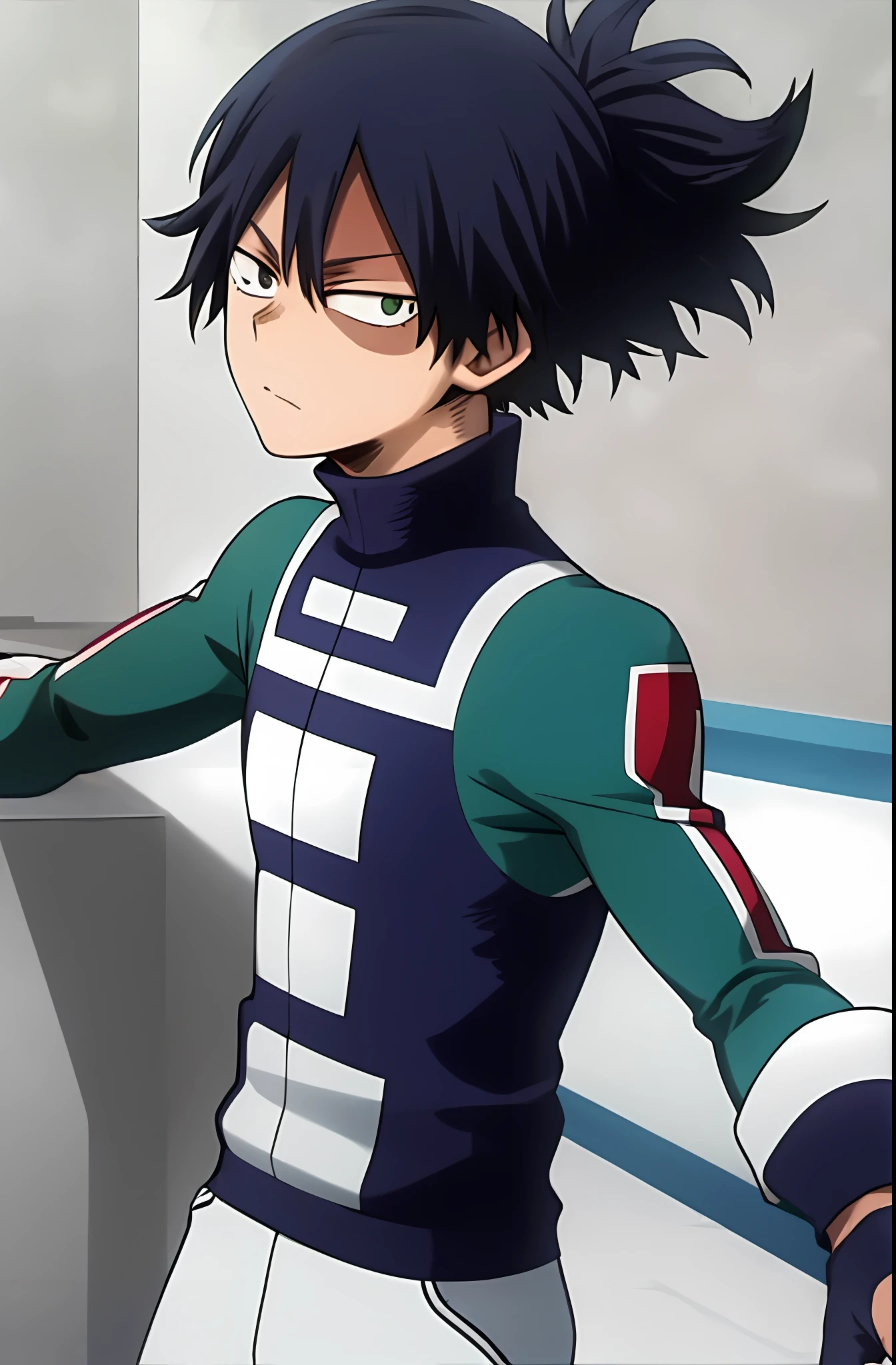 Horikoshi Kouhei, ((arte oficial)), (1child), , Side not hero academy, Pelo negro corto, pale, guantes de codo, relajado, Lado_no_hero_academia_gimnasio_uniforme, ojos verdes, por el negro, mirando al espectador, colmillos, arte oficial , pale-skin, cabello corto, ojos verdes, guapo, Lindo