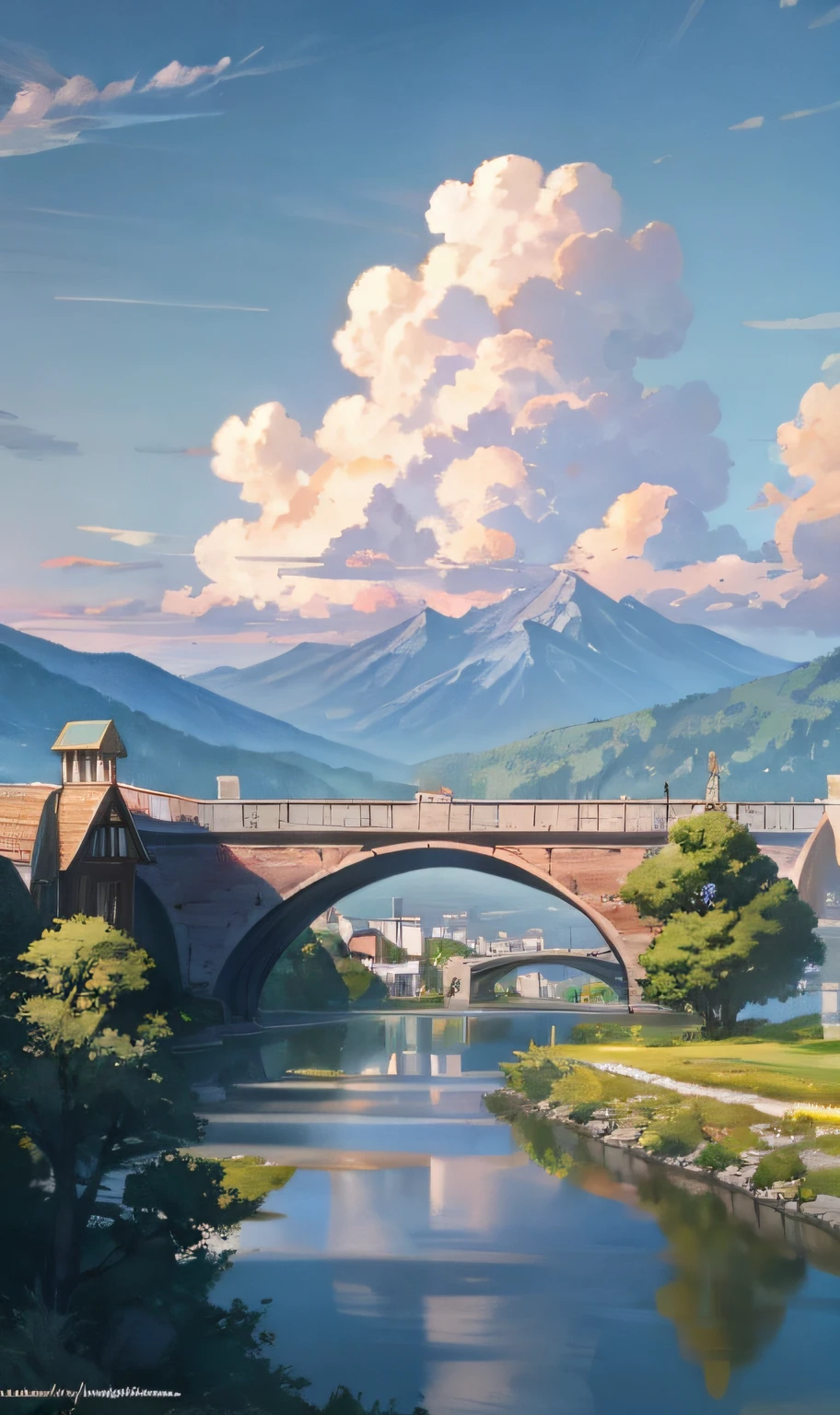 The rivers between the mountains and forests flow gently, and the detailed background rendering of the scenery is a masterpiece. Under the extreme picture quality, the sun gathers into a large aperture during the day, and the clouds are leisurely, looking up at the sky there is a bridge that connects with other cities.