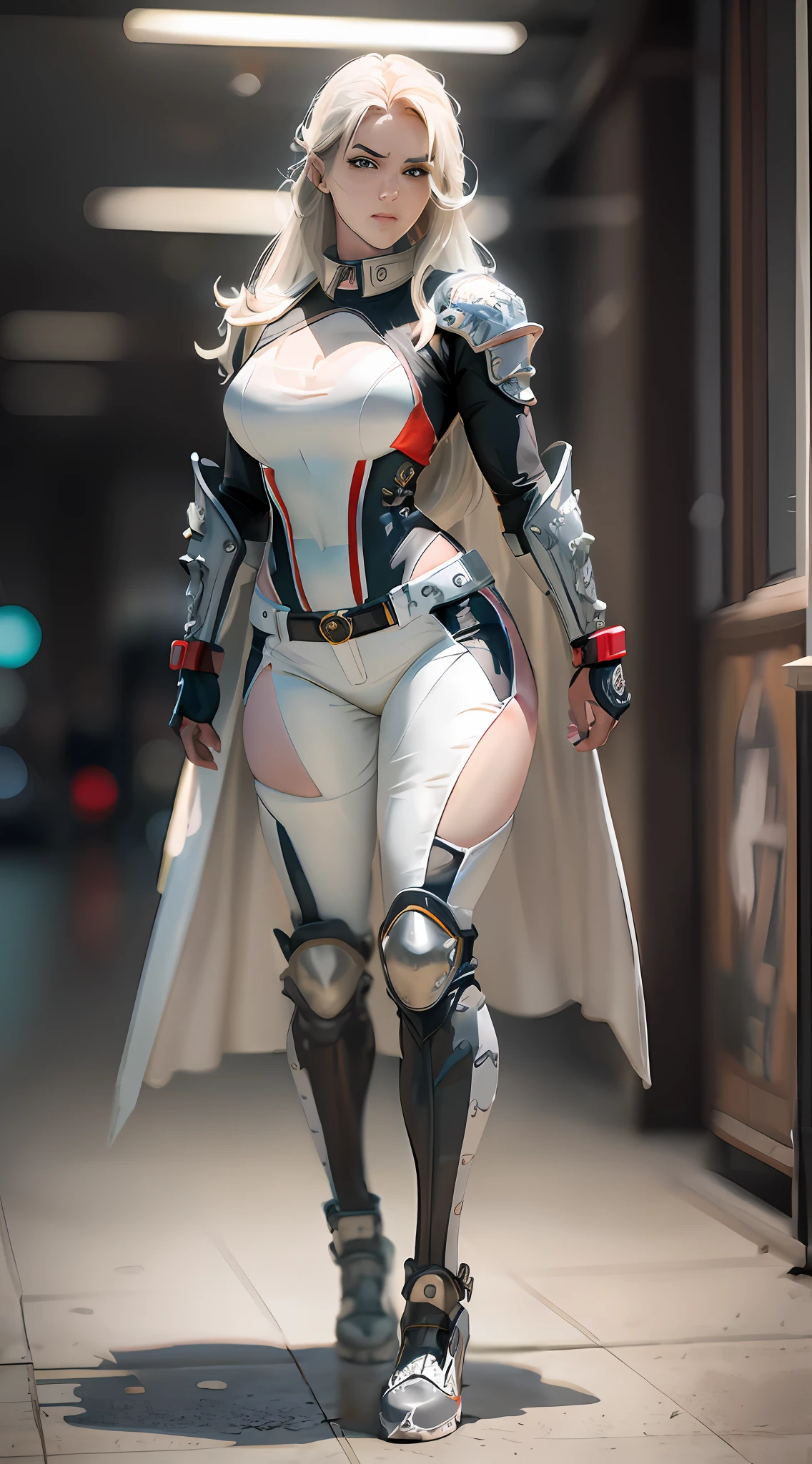 Araffe dressed in white and red armor with a sword, muscular hero female, like rpg video game character, thicc, in white futuristic armor, porcelain cyborg armor, Cosplay photo, Full Cosplay, Ornate, Elegant, Intricate, Insanely Detailed Cosplay , dslr, 32k