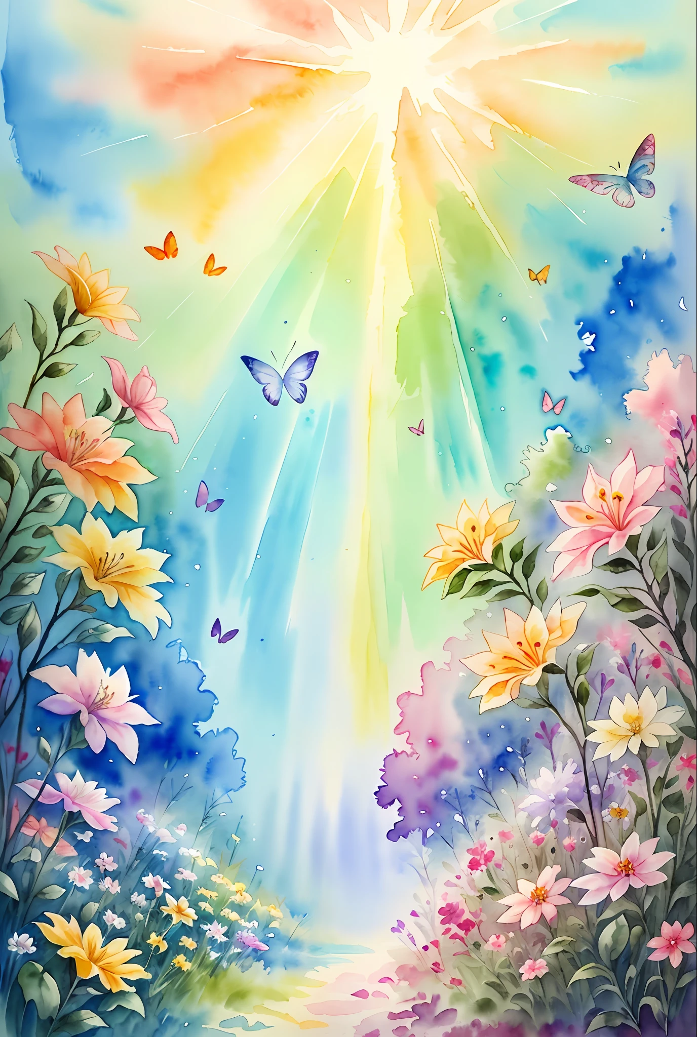 ( watercolor \(medium\), drawing, IrisCompiet:1.2),painting of a multiples animals in a mystical flower field, butterfly, intricate details, god rays, sfw