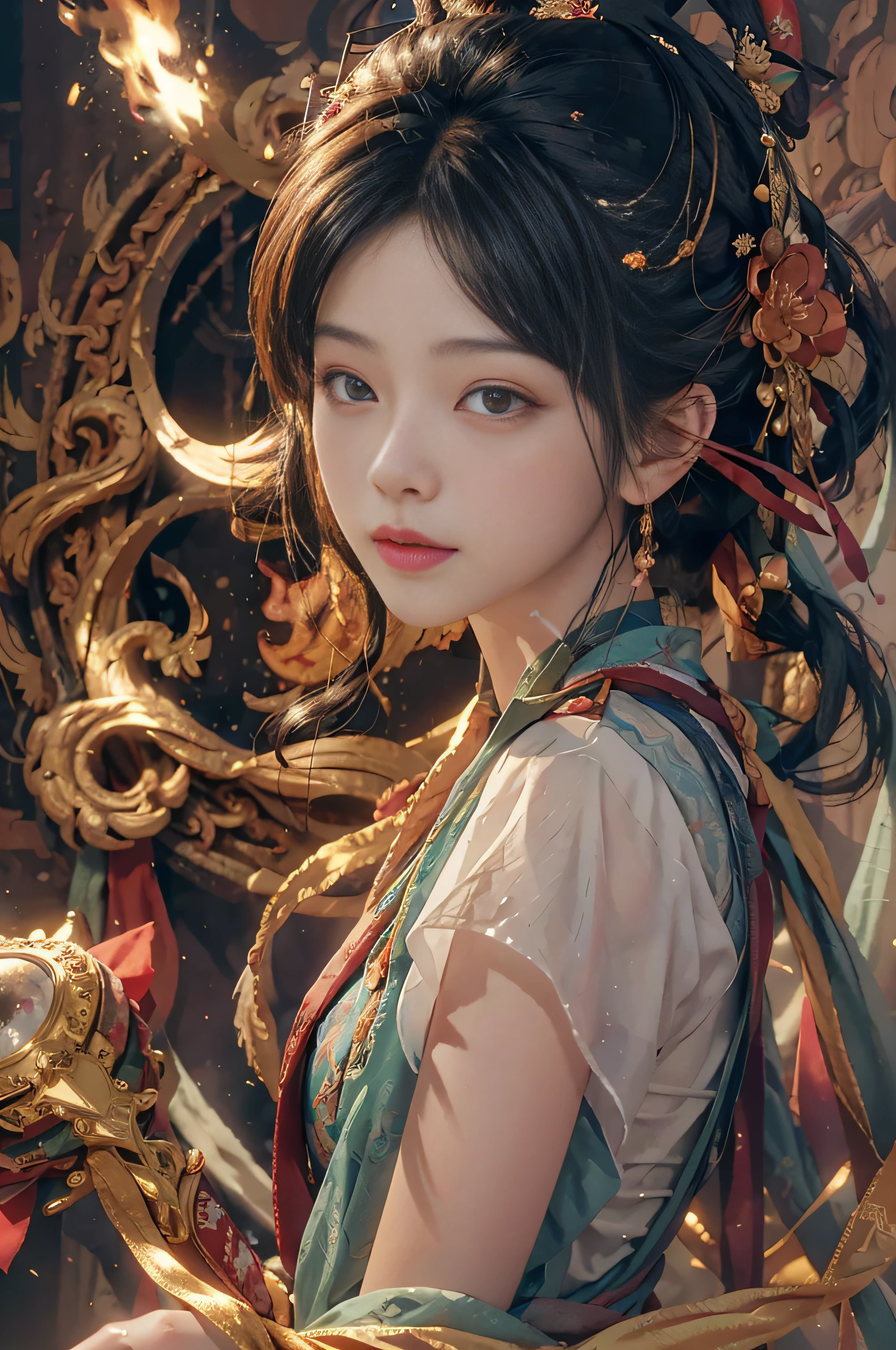 (RAW photo, best quality), (realistic, photo-realistic:1.3), best quality, highly detailed, masterpiece, ultra-detailed, illustration, 1girl, upper_body, dynamic angle, world mastery theater, messy_long_hair,best quality, extremely detailed CG unity 8k壁纸,墨水,惊人,电影灯光,微笑,lens_flare,dunhuang_style