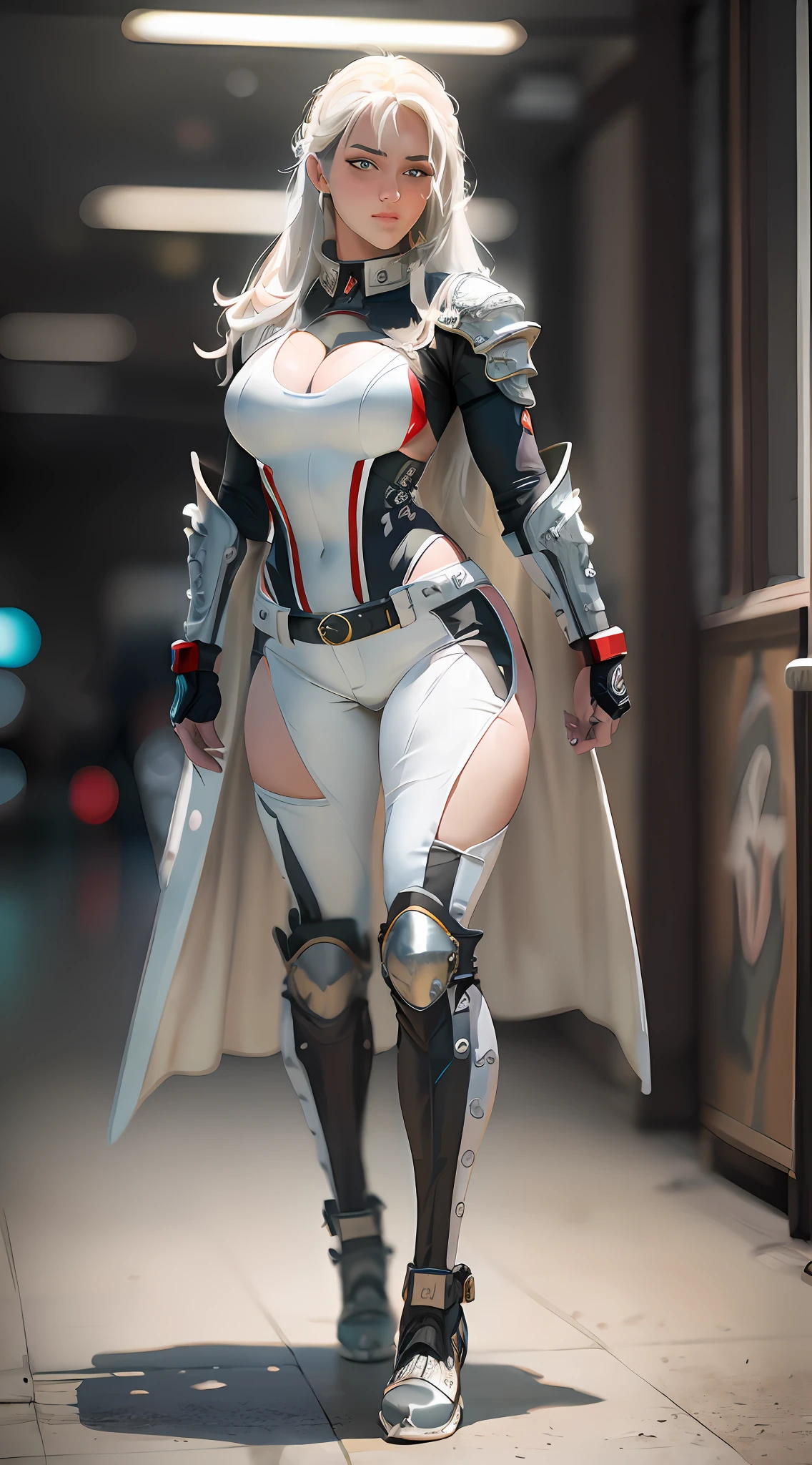 Araffe dressed in white and red armor with a sword, muscular hero female, like rpg video game character, thicc, in white futuristic armor, porcelain cyborg armor, Cosplay photo, Full Cosplay, Ornate, Elegant, Intricate, Insanely Detailed Cosplay , dslr, 32k