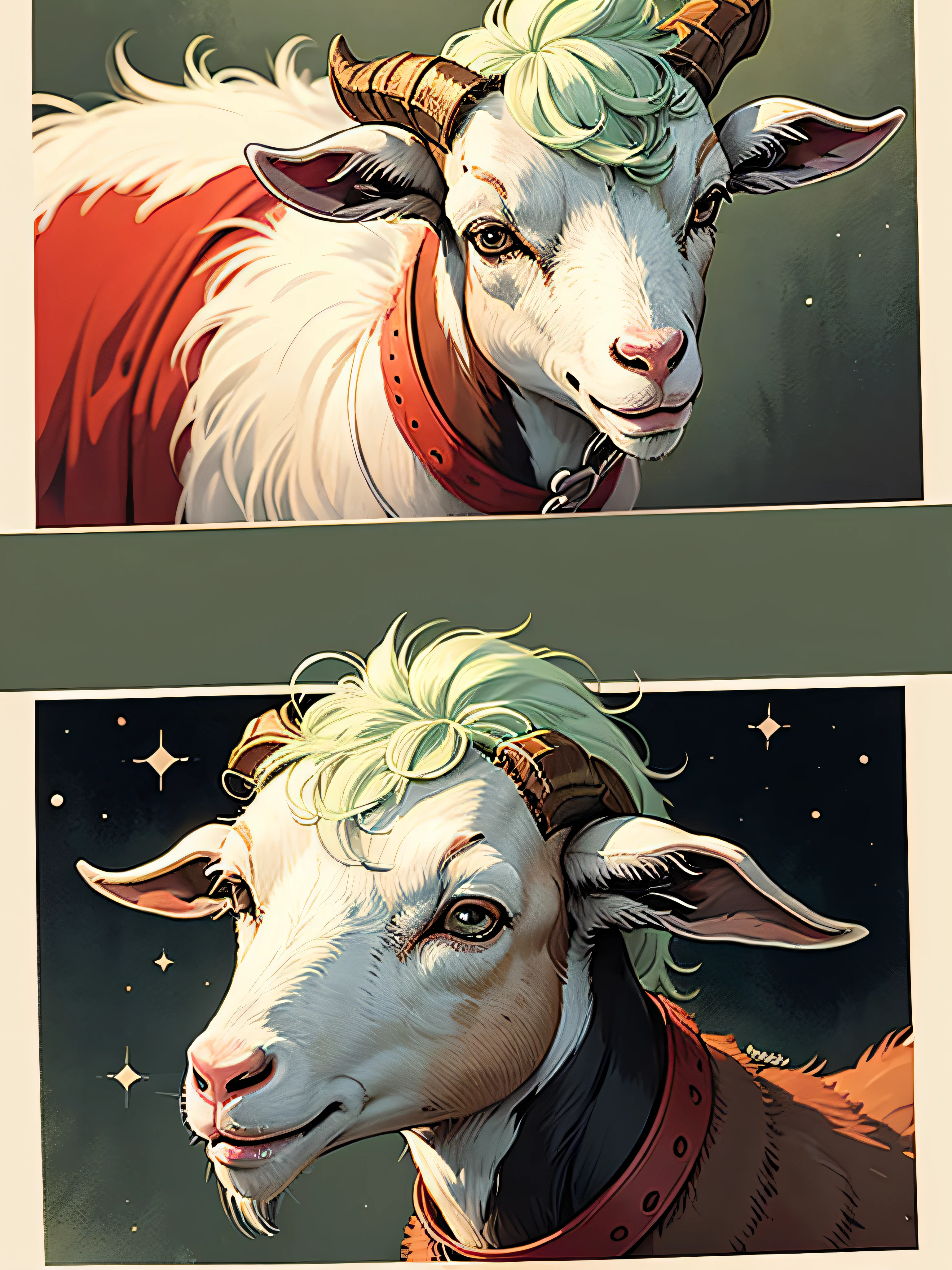 comic book! goat! cartoon! vintage, antique, illustrated Christmas card, image centered inside wide border around all four sides, vertical rectangle, drawn vertically, in the style of Kate Greenaway!, extra highly detailed drawing, simple, flat!, vector art!--no shadows, illustration! red, green, brown, --auto