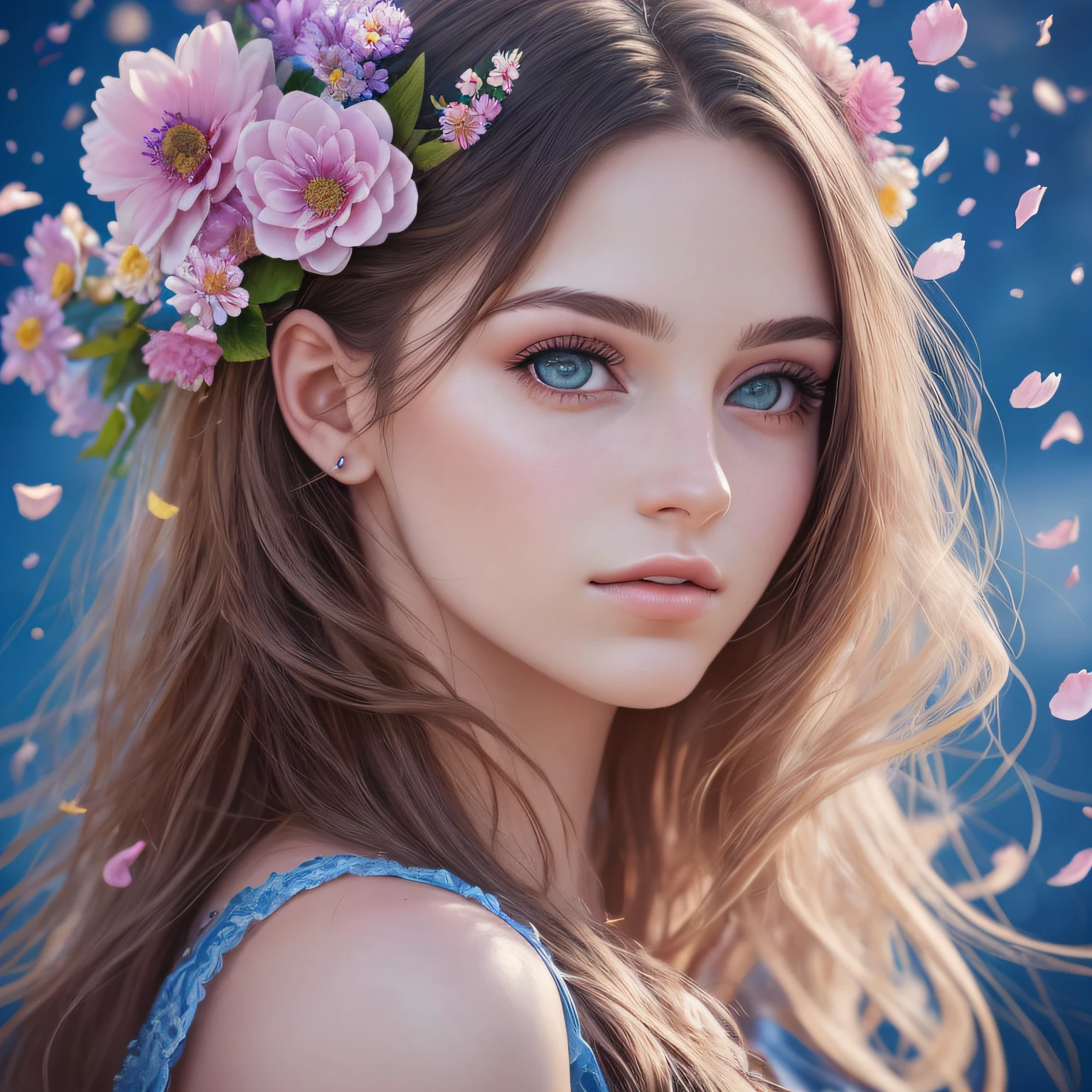 25 years old european woman with flowers in her hair and a blue sky background, perky woman made of petals, photorealistic beautiful young woman, flower storm portrait, beautiful photorealistic artwork, 8k artistic portrait photography, beautiful portrait photo, floeers in hair, beautiful gorgeous photorealistic art, beautiful photorealistic portrait, beautiful photorealistic art, gorgeous photorealistic art --auto