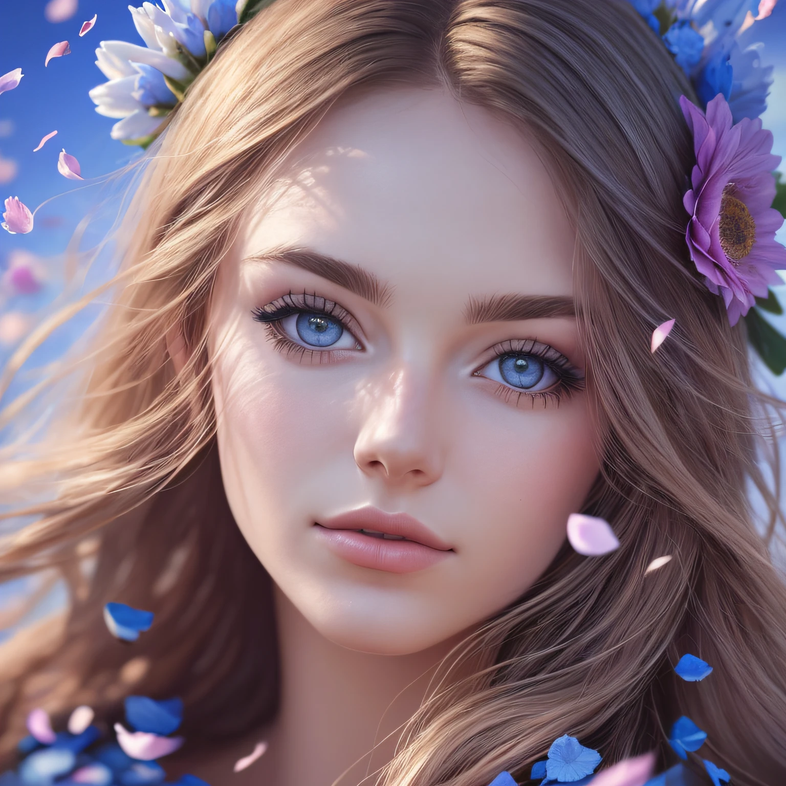 25 years old european woman with flowers in her hair and a blue sky background, perky woman made of petals, photorealistic beautiful young woman, flower storm portrait, beautiful photorealistic artwork, 8k artistic portrait photography, beautiful portrait photo, floeers in hair, beautiful gorgeous photorealistic art, beautiful photorealistic portrait, beautiful photorealistic art, gorgeous photorealistic art --auto