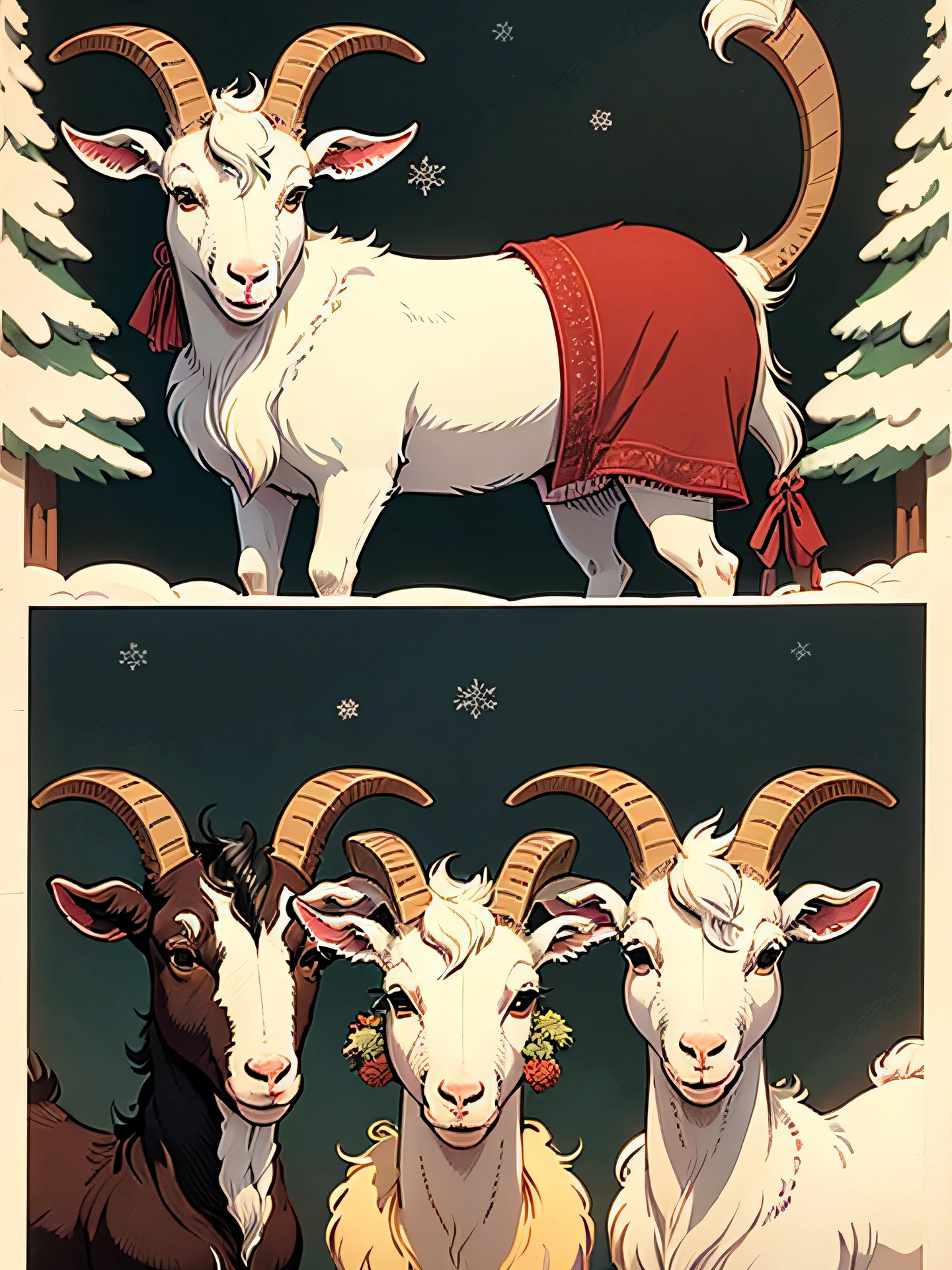 comic book! goat! winter scene,  vintage, antique, illustrated Christmas card, image centered inside wide border around all four sides, vertical rectangle, drawn vertically, in the style of Kate Greenaway!, extra highly detailed drawing, simple, flat!, vector art!--no shadows, illustration! red, green, brown, --auto