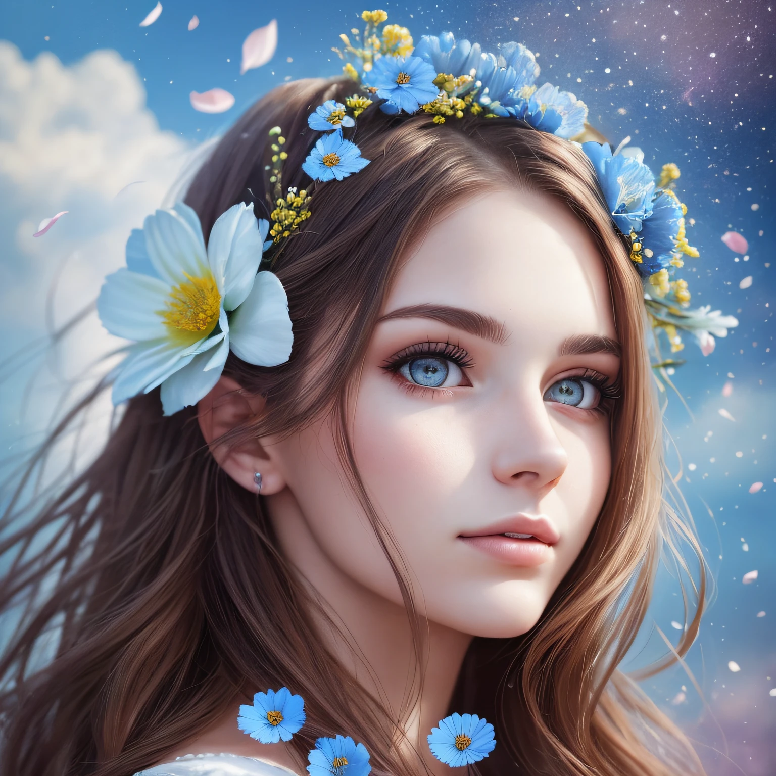 25 years old european woman with flowers in her hair and a blue sky background, perky woman made of petals, photorealistic beautiful young woman, flower storm portrait, beautiful photorealistic artwork, 8k artistic portrait photography, beautiful portrait photo, floeers in hair, beautiful gorgeous photorealistic art, beautiful photorealistic portrait, beautiful photorealistic art, gorgeous photorealistic art --auto