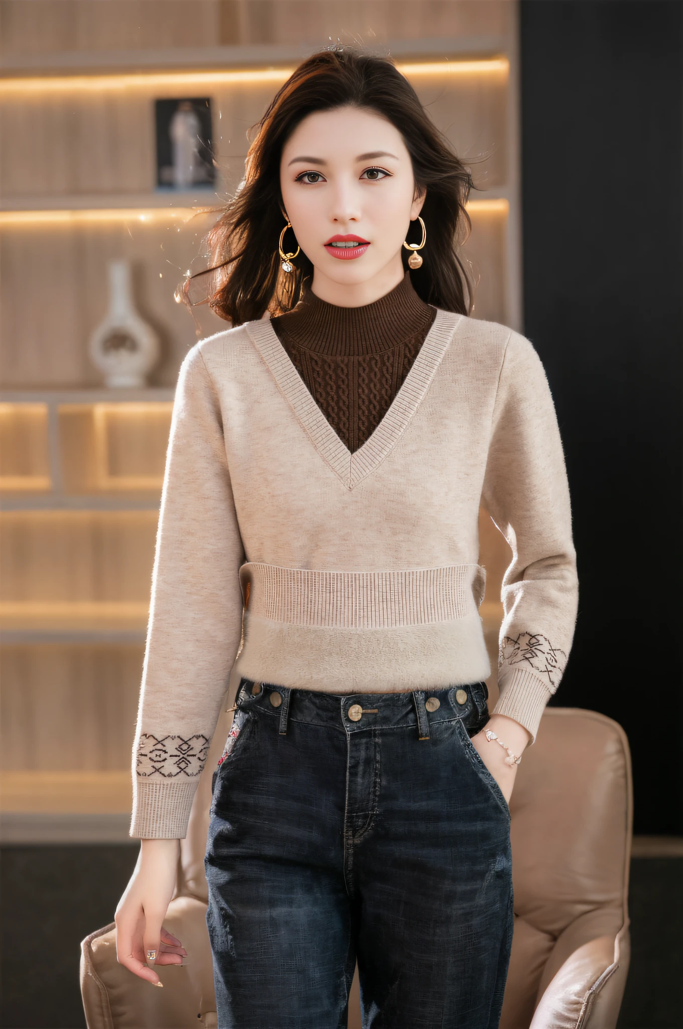 8K, Thirty Years Female, Temperament, Delicate Skin, Highly Detailed, Digital Photography, Surrealist Painting, Beautiful (Masterpiece, Side Light, Fine Beautiful Eyes: 1.2), Pretty, High Quality, Original Painting, Realistic Skin Details, Long Black Hair, Natural Light and Shadow, Clear Focus, Ultra Fine Face, Photo Realistic, Standing, High Detail, Cinematic Lighting, Ultra HD, Anatomically Correct, Best Quality, Fashion Clothing, Official Product Pictures, Product Introduction Photos,