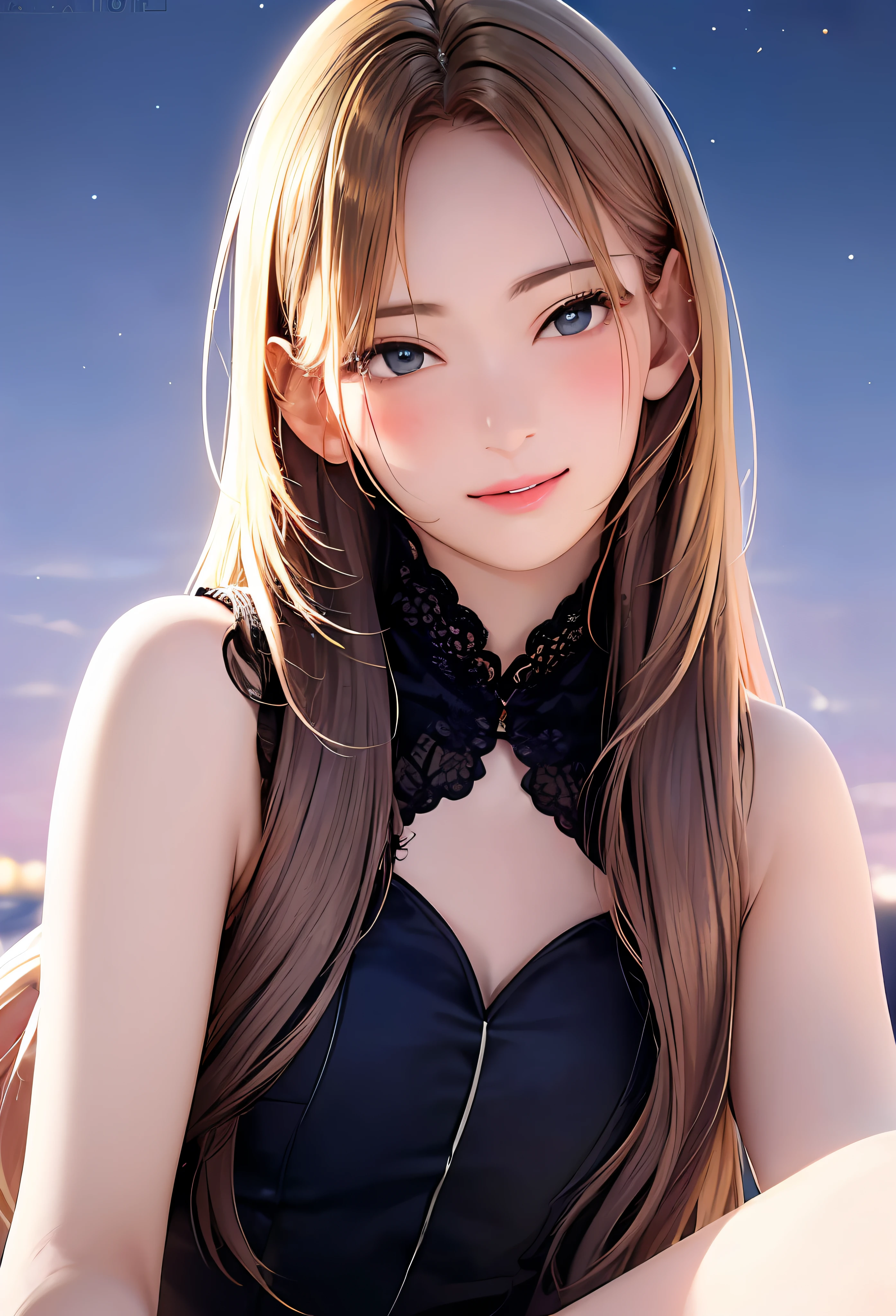 (8k, top quality, masterpiece: 1.2), (realistic, photorealistic: 1.37), super detailed, girl single, cute, solo, midnight, beautiful detailed sky, detailed café, sitting, date, (blush), (smile: 1.15), small breasts (mouth closed), beautiful fine eyes, floating hair NovaFrogStyle, back open dress