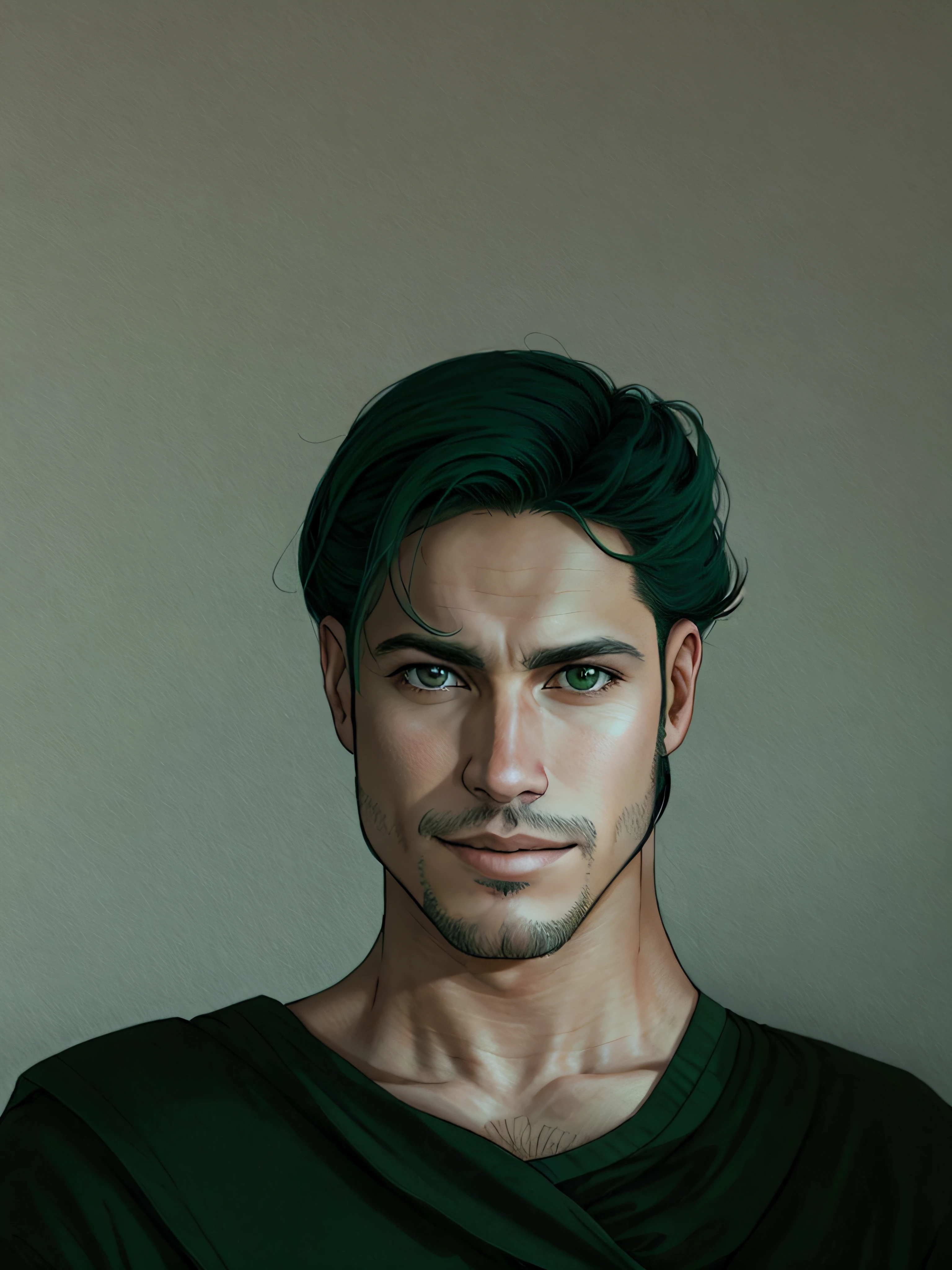 Man in a dark green robe, gola dourada, com um tecido verde claro sobre o ombro direito, cabelo ruivo, Retrato anime de um homem bonito, bonito impressionante realista, com cabelos ruivos e olhos verdes, retrato digital, retrato de arte digital, hiperrealismo