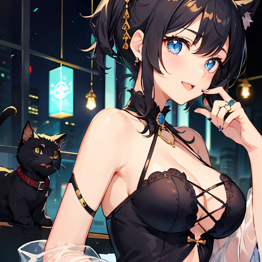 ((beste-Qualit))、((a masterpiece of))、((ultra-definition))、(illustratio)、(Fine light)、(Extremely delicate and beautiful)、(((独奏)))、1 girl in、(((beautiful a girl)))、opened mouth、Smile so much、(Black-haired), (Black cat ears), (Ahoge), (absurdly short hair), (Maeby Hair), (Blue eyes),Fashionable background、Ring on left ring finger