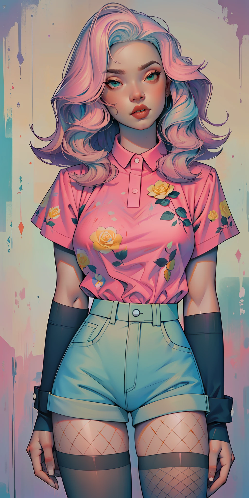 Background, In chic boho style, in a cafe, Ice cream print, multi-colored neon lights, neon garlands, rose hair, mixed-language_SMS, Japanese graffiti, (beautiful and clear background:1.2),, fantastic paintings ,graffit style, highly detail eyes , underwear, lace, latex, Pink, Purple, mint, Blue, Yellow, belve, lavender hair, Skull Print, skull tattoo, Loving, Love, ultra detail hair, Masterpiece, Best Quality, highly quality, A high resolution, detail enhancement, ((most beautiful image in the world)), Masterpiece, Best Quality, highly quality, A high resolution, detail enhancement, ((most beautiful image ), Shiny pink degrade hair, ultra short fitted Stampa Flores, Rollers, fishnet pantyhose, short denim shorts, art by stjepan sejic, art by j scott campbell, Artist Guillem March, art by citemer liu, 4k, A high resolution, comic book character, comic, high quality detailed, style of ::2.0 comix illustration style,tatoon style, highly quality, A high resolution, detail enhancement, 8K, HD, Best Quality, highly quality, A high resolution, detail enhancement, 8K, HDR, sharp-focus, Ultra Detailed, perfect lighting, Curvy Body, Lush breasts, Curvy hips