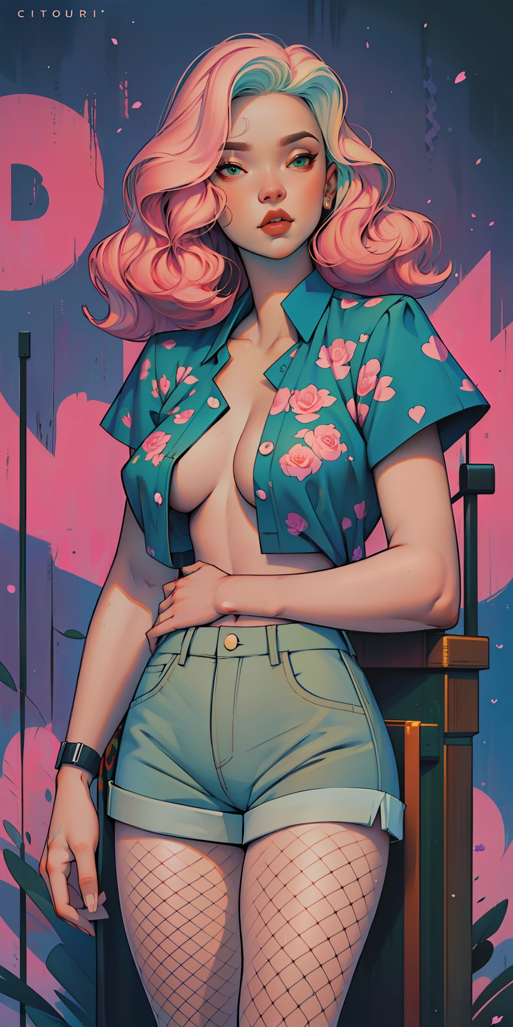 Background, In chic boho style, in a cafe, Ice cream print, multi-colored neon lights, neon garlands, rose hair, mixed-language_SMS, Japanese graffiti, (beautiful and clear background:1.2),, fantastic paintings ,graffit style, highly detail eyes , underwear, lace, latex, Pink, Purple, mint, Blue, Yellow, belve, lavender hair, Skull Print, skull tattoo, Loving, Love, ultra detail hair, Masterpiece, Best Quality, highly quality, A high resolution, detail enhancement, ((most beautiful image in the world)), Masterpiece, Best Quality, highly quality, A high resolution, detail enhancement, ((most beautiful image ), Shiny pink degrade hair, ultra short fitted Stampa Flores, Rollers,  fishnet pantyhose, short denim shorts,  art by stjepan sejic, art by j scott campbell, Artist Guillem March, art by citemer liu, 4k, A high resolution, comic book character, comic, high quality detailed,   style of ::2.0 comix illustration style,tatoon style, highly quality, A high resolution, detail enhancement, 8K, HD, Best Quality, highly quality, A high resolution, detail enhancement, 8K, HDR, sharp-focus, Ultra Detailed, perfect  lighting, Curvy Body, Lush breasts, Curvy hips