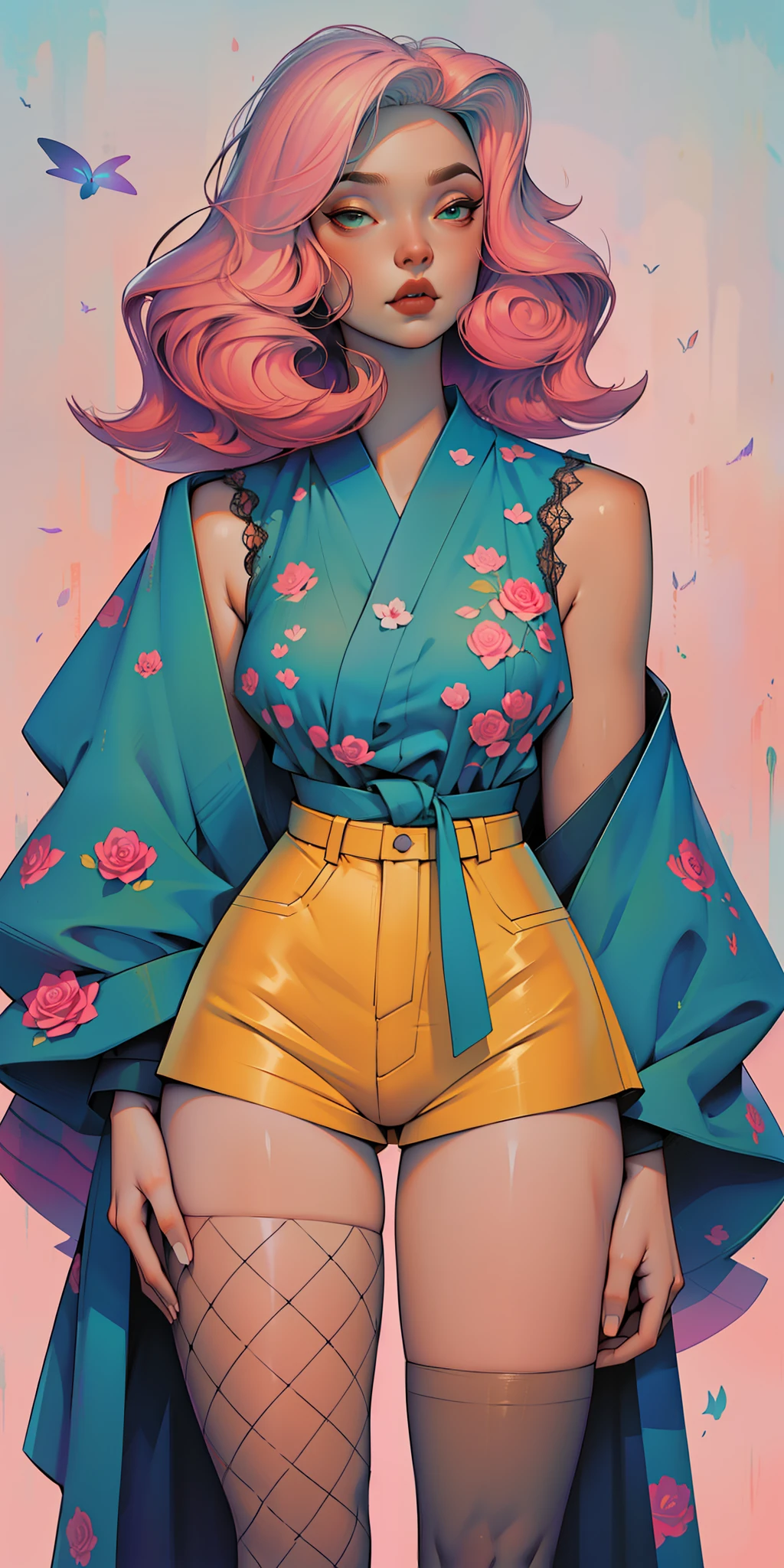 Background, In chic boho style, in a cafe, Ice cream print, multi-colored neon lights, neon garlands, rose hair, mixed-language_SMS, Japanese graffiti, (beautiful and clear background:1.2),, fantastic paintings ,graffit style, highly detail eyes , underwear, lace, latex, Pink, Purple, mint, Blue, Yellow, belve, lavender hair, Print, tattoo, Loving, Love, ultra detail hair, Masterpiece, Best Quality, highly quality, A high resolution, detail enhancement, ((most beautiful image in the world)), Masterpiece, Best Quality, highly quality, A high resolution, detail enhancement, ((most beautiful image ), Shiny pink degrade hair, ultra short fitted Stampa Flores, Rollers, fishnet pantyhose, short denim shorts, art by stjepan sejic, art by j scott campbell, Artist Guillem March, art by citemer liu, 4k, A high resolution, comic book character, comic, high quality detailed, style of ::2.0 comix illustration style,tatoon style, highly quality, A high resolution, detail enhancement, 8K, HD, Best Quality, highly quality, A high resolution, detail enhancement, 8K, HDR, sharp-focus, Ultra Detailed, perfect lighting, Curvy Body, Lush breasts, Curvy hips