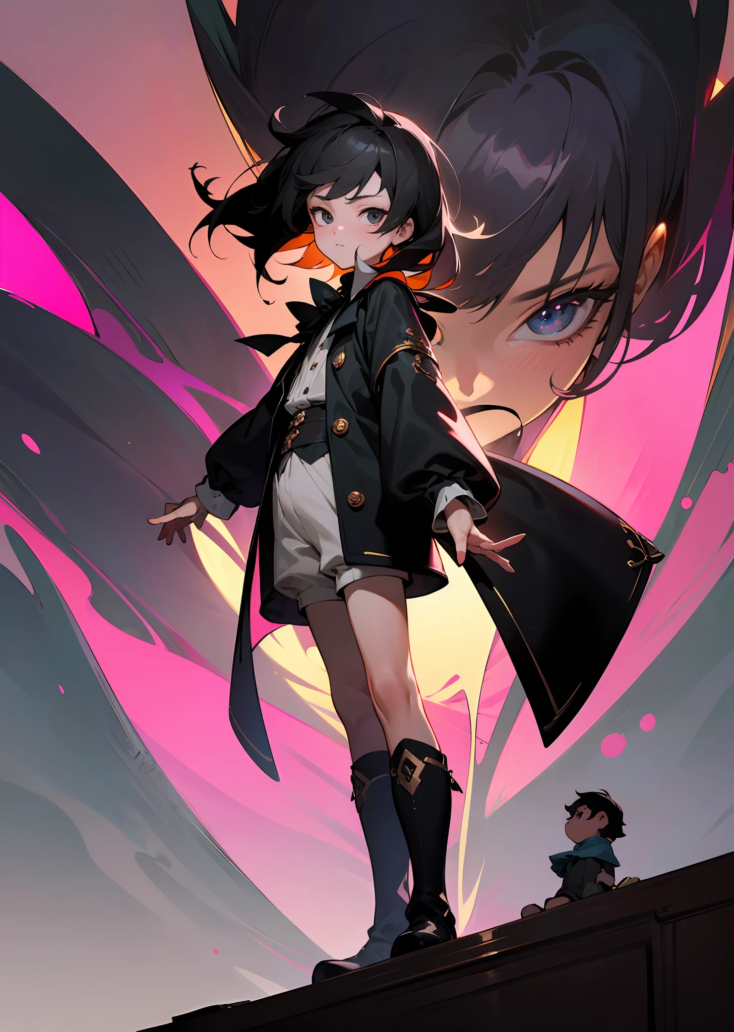 solo, alone, focus on character, calm face, (((shota))), boy, male, ((kid)), child, aristocratic clothes, victorian clothes, victorian style, kodona, magenta, long sleeves, puffy long sleeves, stockings, boots, fantasy, medieval, spacious shorts, nikers shorts, library, black hair, tousled hair, shaggy hair, protruding hair, puffy hair, black eyes, 8k, HDR, 8k HD, hyper-detalied, detailed character, detailed eyes, detailed face, detailed eyes, dark, low light