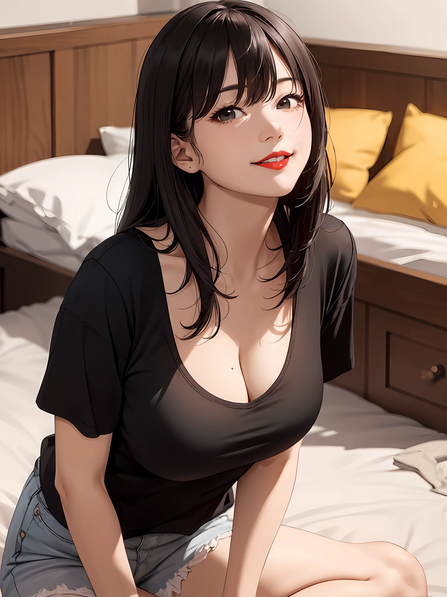 realisticlying、45-year-old girl、Plain T-shirt,Face enhancement,Chest super large zoom,Cleavage emphasis,Looking up from the bottom,Smile,Blushing,Red lips,A sexy,Bed sit