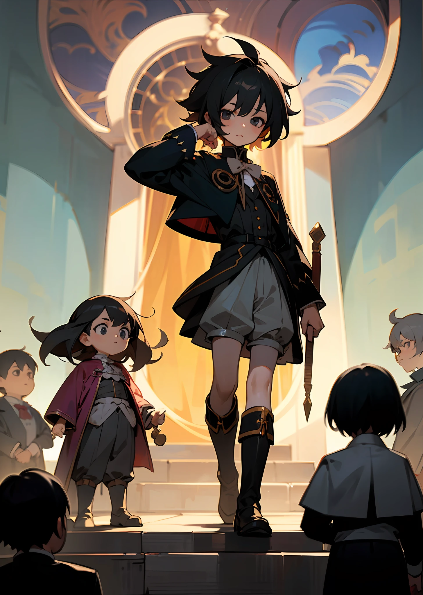 solo, alone, focus on character, calm face, (((shota))), boy, male, (()), cristocratic clothes, victorian clothes, victorian style, kodona, magenta, long sleeves, puffy long sleeves, stockings, boots, fantasy, medieval, spacious shorts, nikers shorts, library, black hair, tousled hair, shaggy hair, protruding hair, puffy hair, black eyes, 8k, HDR, 8k HD, hyper-detalied, detailed character, detailed eyes, detailed face, detailed eyes, dark, low light