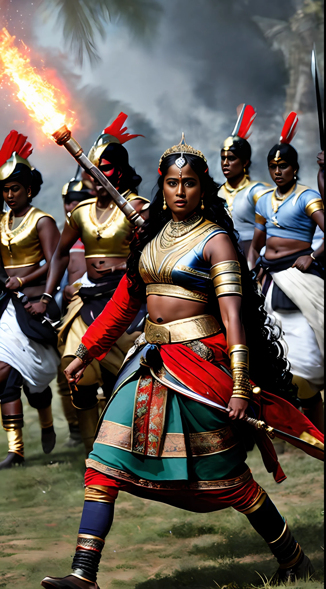 "An epic and high-quality depiction of women warriors clad in 18th-century Indian battle armor engaged in battle against British East India Company soldiers, with fierce warrior queen Rani Velu Nachiyar at the center of the action."
