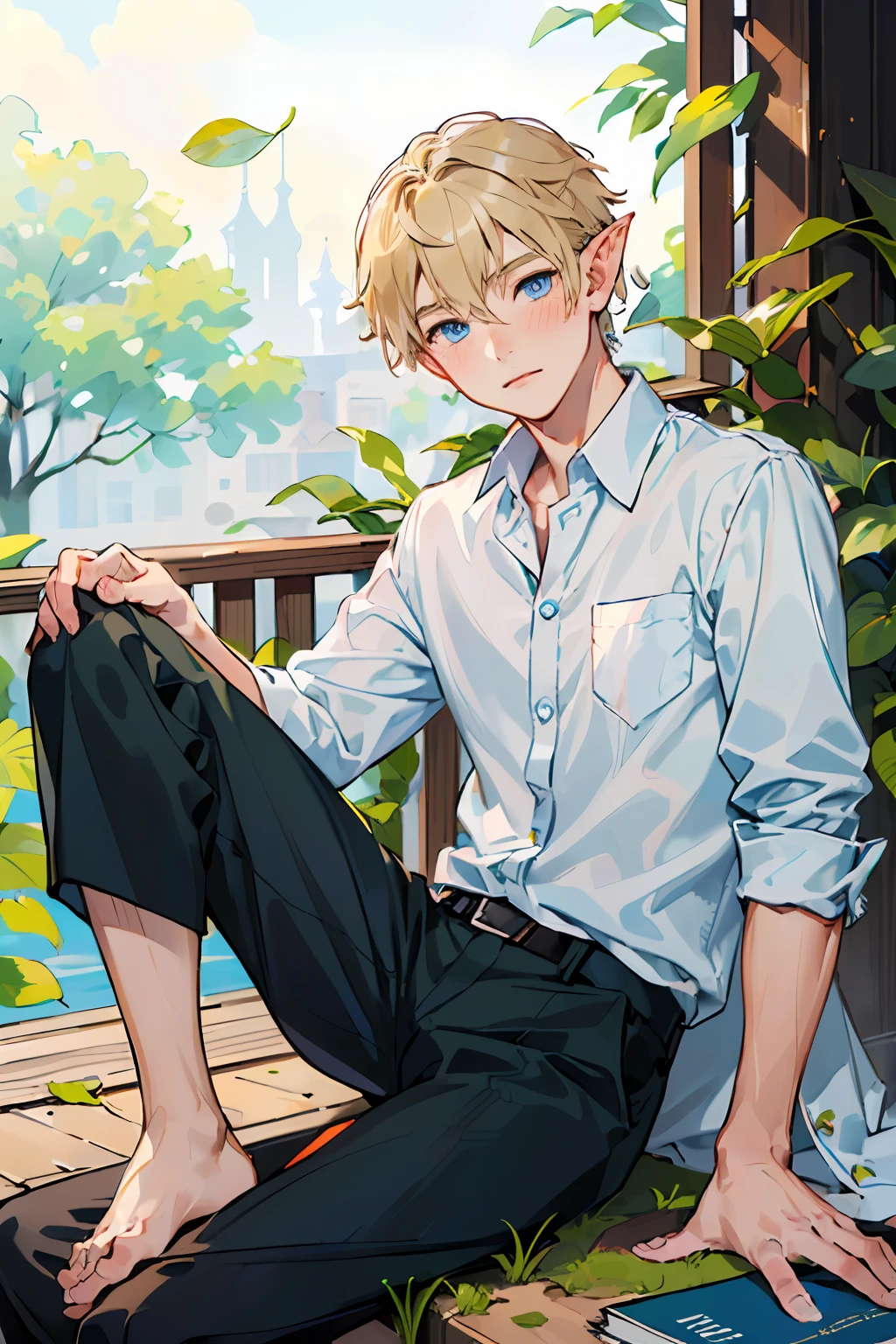 (AS-Young:1.7), (1boy:1.8), (male focus:1.2), (cute:1.7) solo, solo focus, masterpiece, ((exquisite_detail)), illustration, (handsome), extremely_detailed_CG, blue eyes, long blonde hair, blush, leaf clothes, leaf, looking at viewer, sitting down, (spread legs:0.9), (barefoot:0.9), cute boy, shorts, elf boy